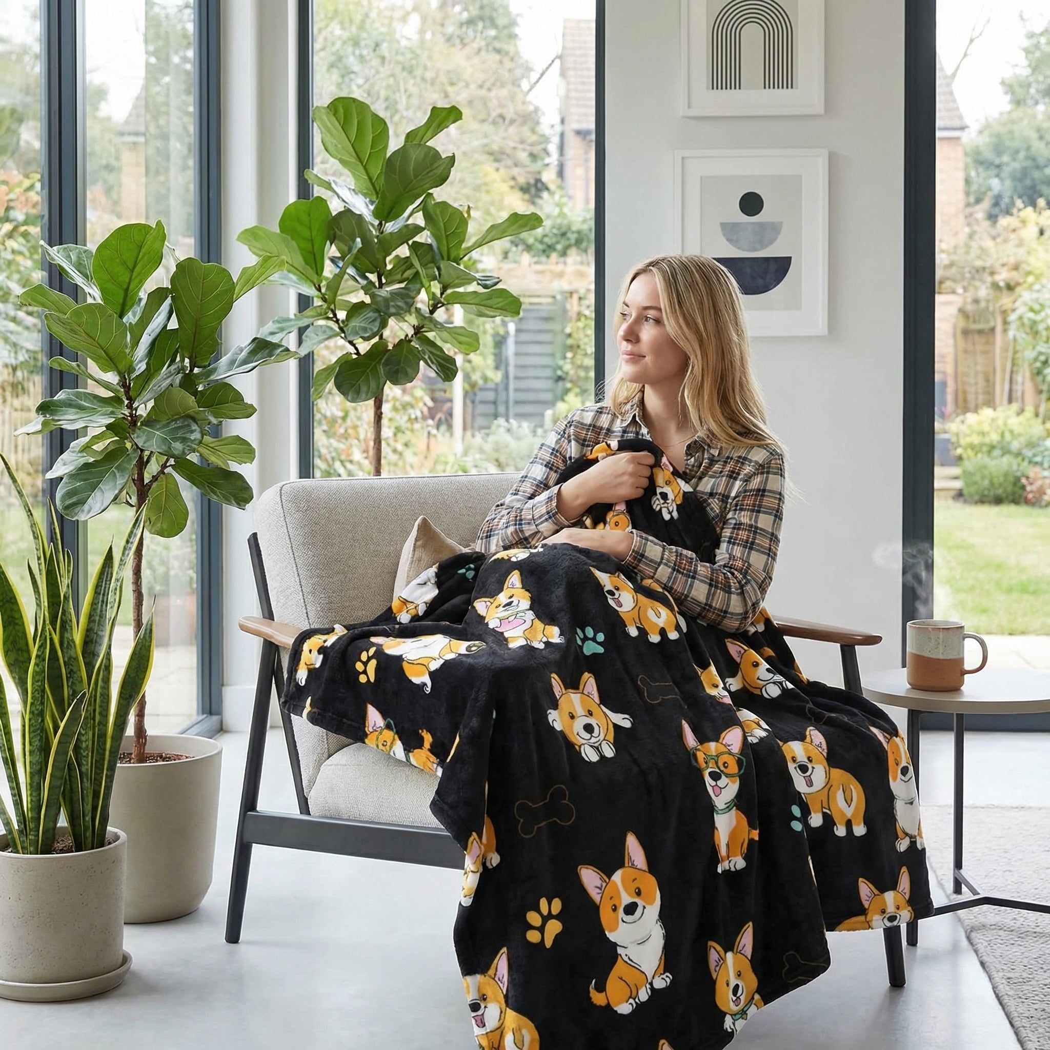 Woman on a chair wrapped in a black plush flannel blanket with a 3D print of cute Corgis.