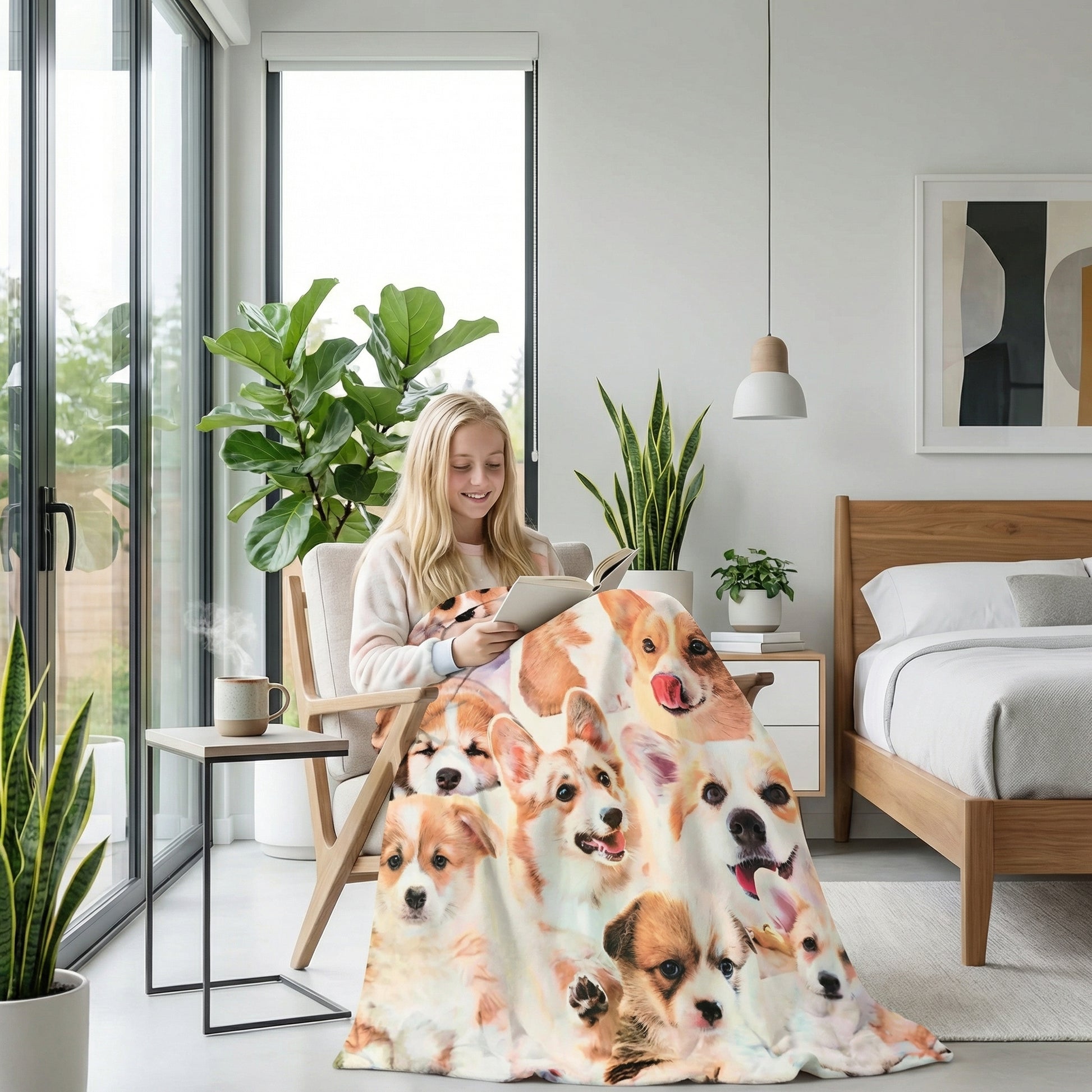 Blonde woman reading, covered by a soft flannel Corgi plush blanket with a 3D print of multiple cute Corgis.