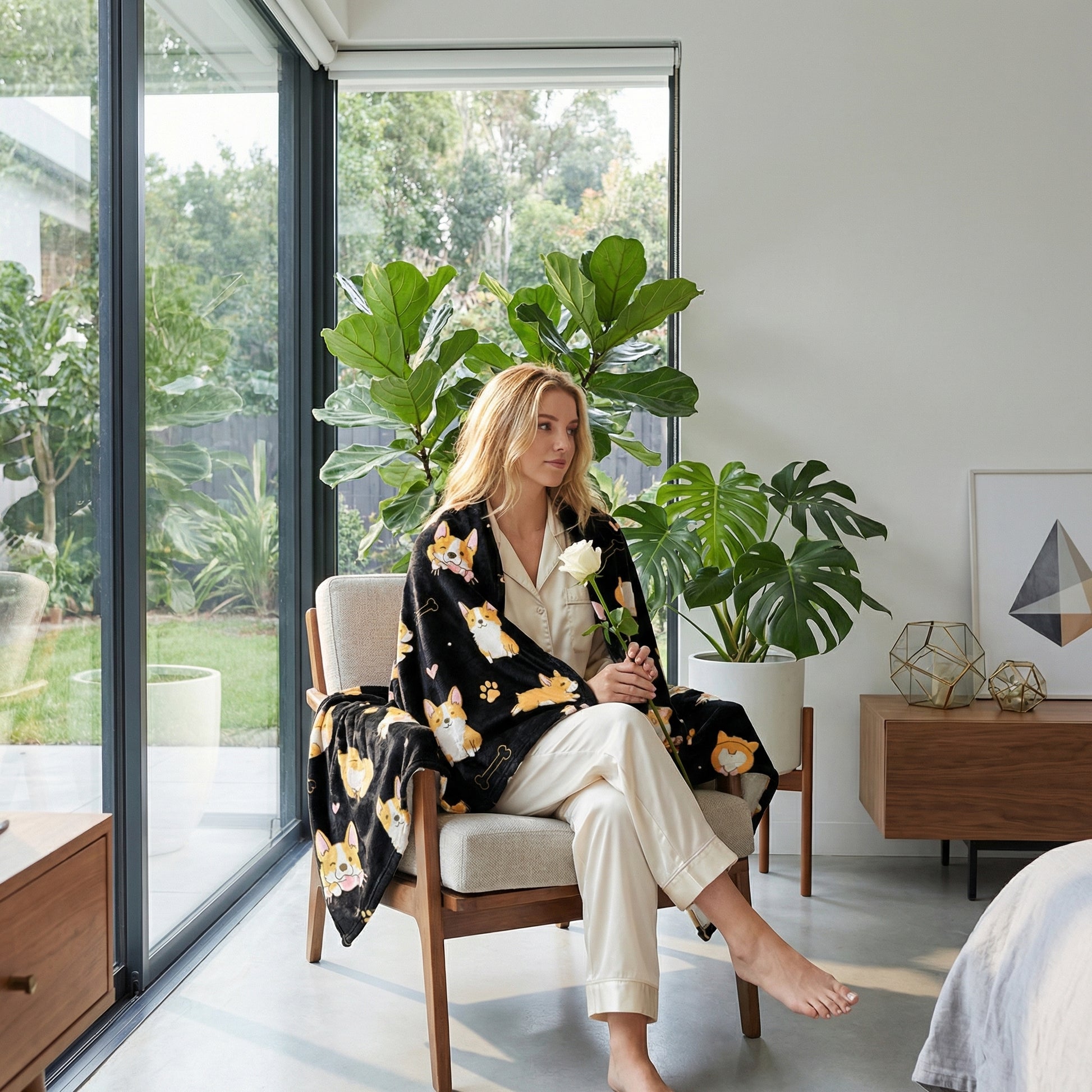 Woman relaxing in a chair, covered by a black Corgi plush flannel blanket with a 3D print.