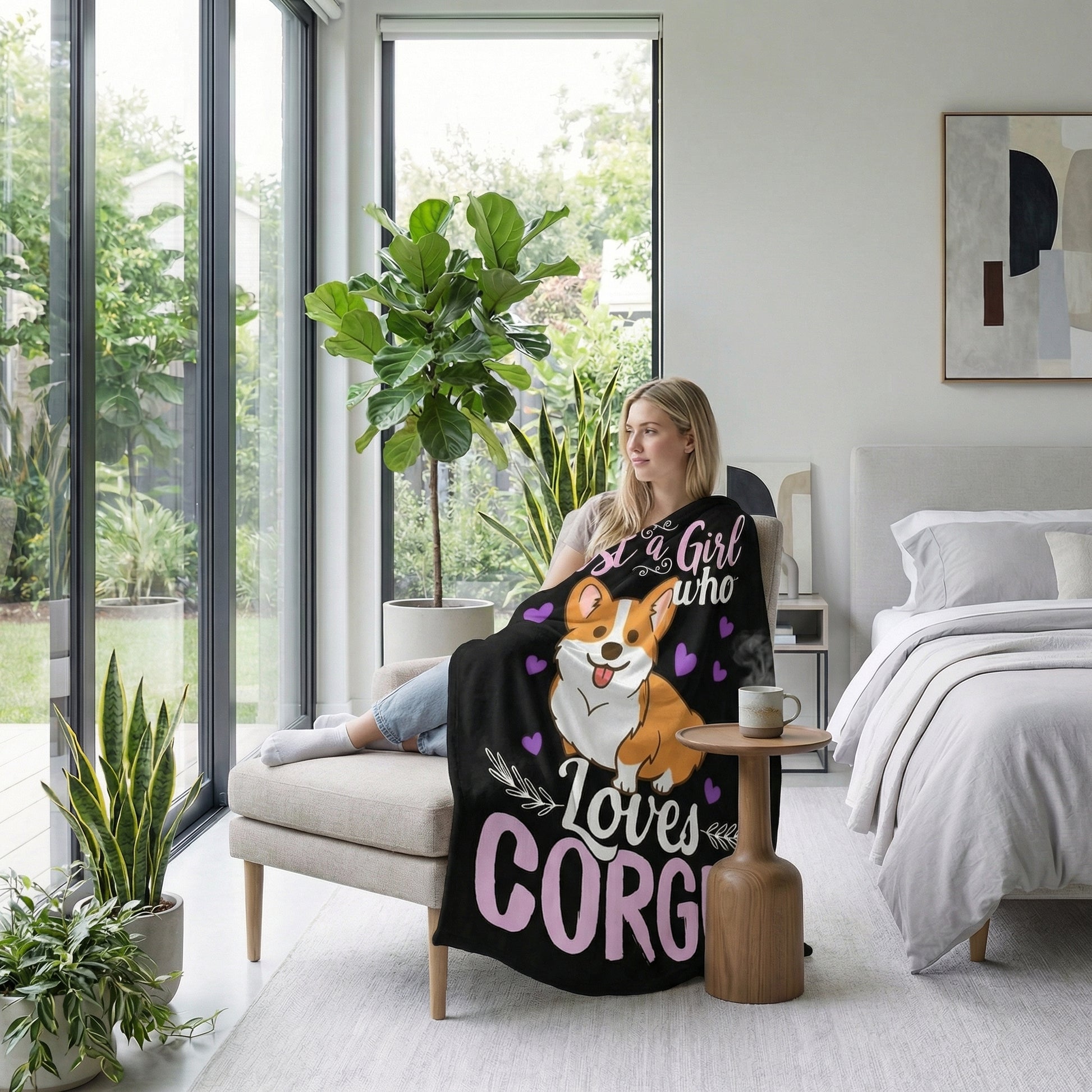Woman relaxing with a black Corgi plush flannel blanket featuring "Just a Girl Who Loves Corgis" text.