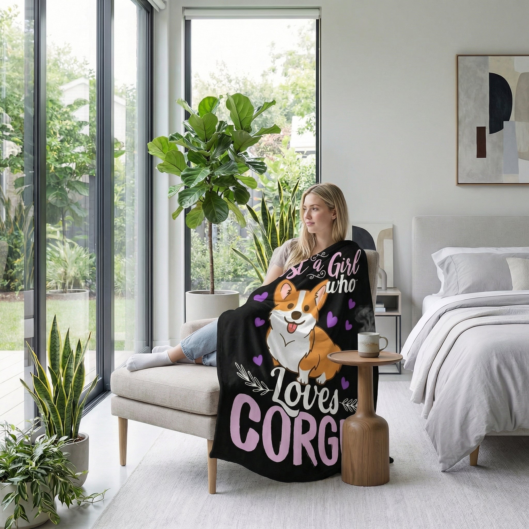 Woman relaxing with a black Corgi plush flannel blanket featuring "Just a Girl Who Loves Corgis" text.