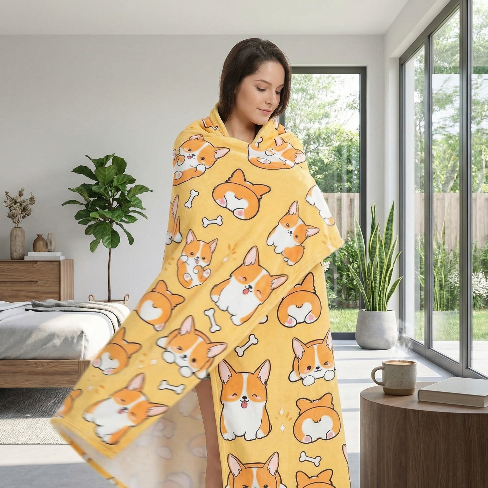 Woman wrapped in a yellow flannel Corgi plush blanket with a 3D print design.