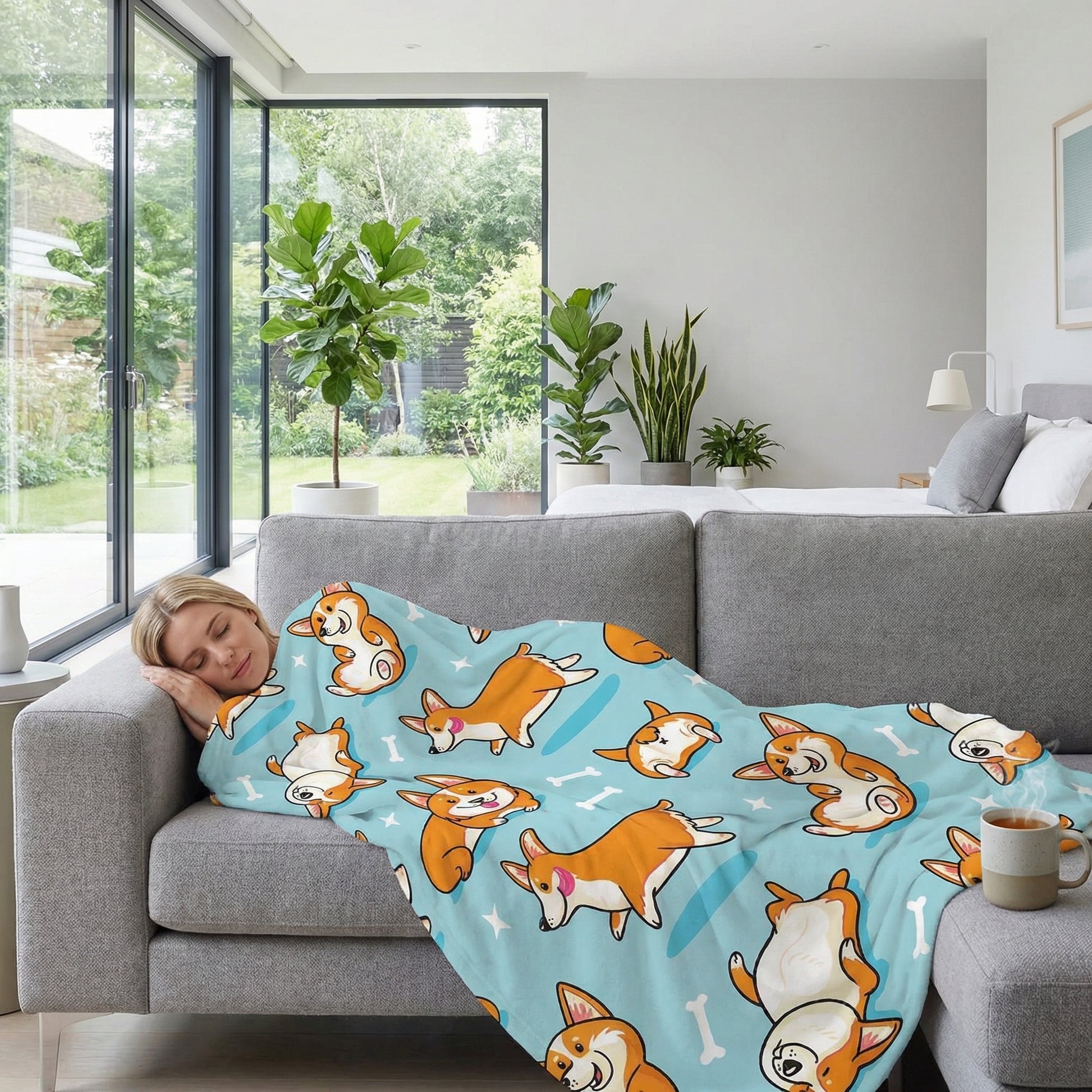 Woman sleeping on a gray couch, covered by a light blue plush flannel blanket with a cute Corgi print.