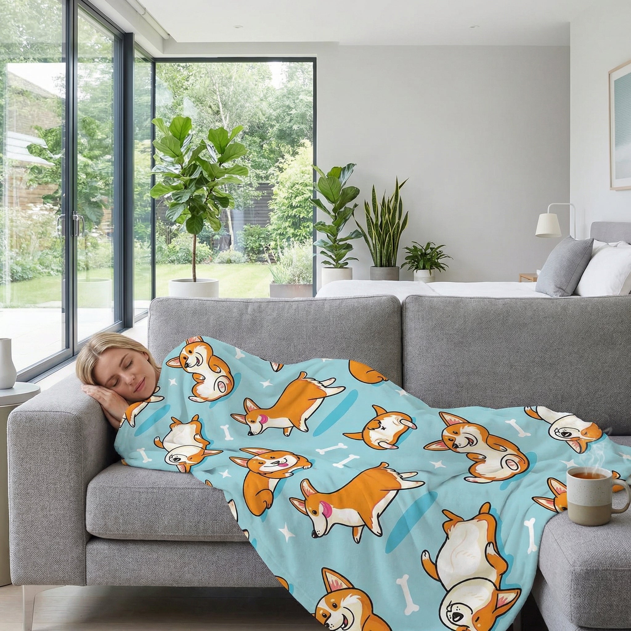 Woman sleeping on a gray couch, covered by a light blue plush flannel blanket with a cute Corgi print.