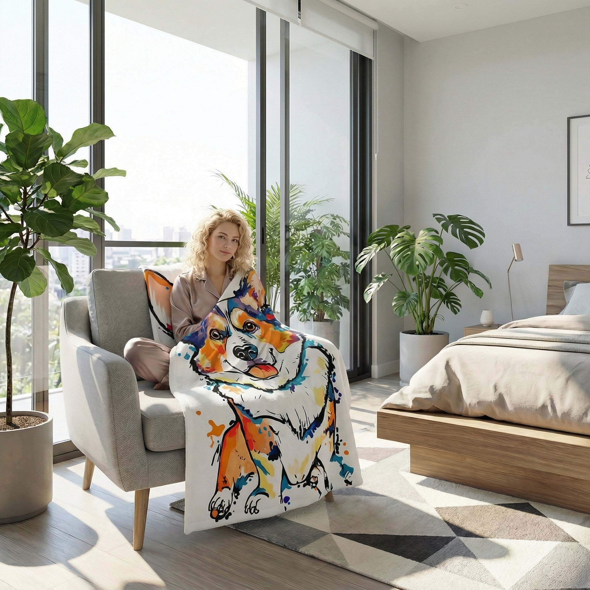 Woman in pajamas on a gray armchair covered with a white Corgi plush blanket with colorful 3D print.