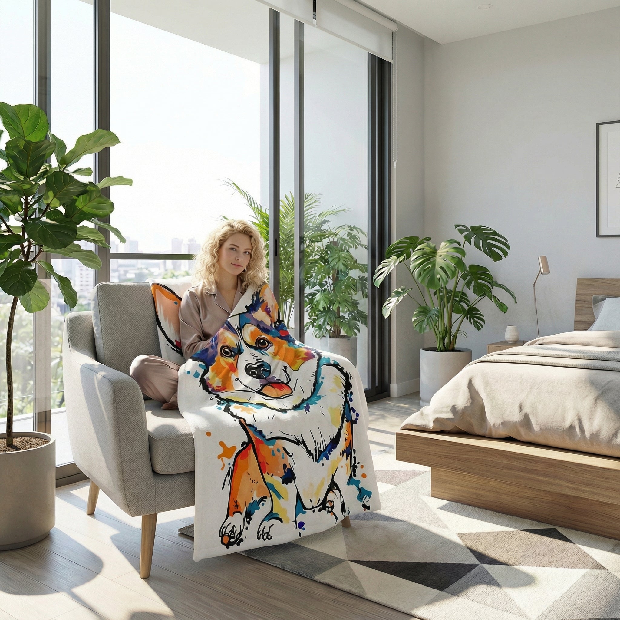 Woman in pajamas on a gray armchair covered with a white Corgi plush blanket with colorful 3D print.