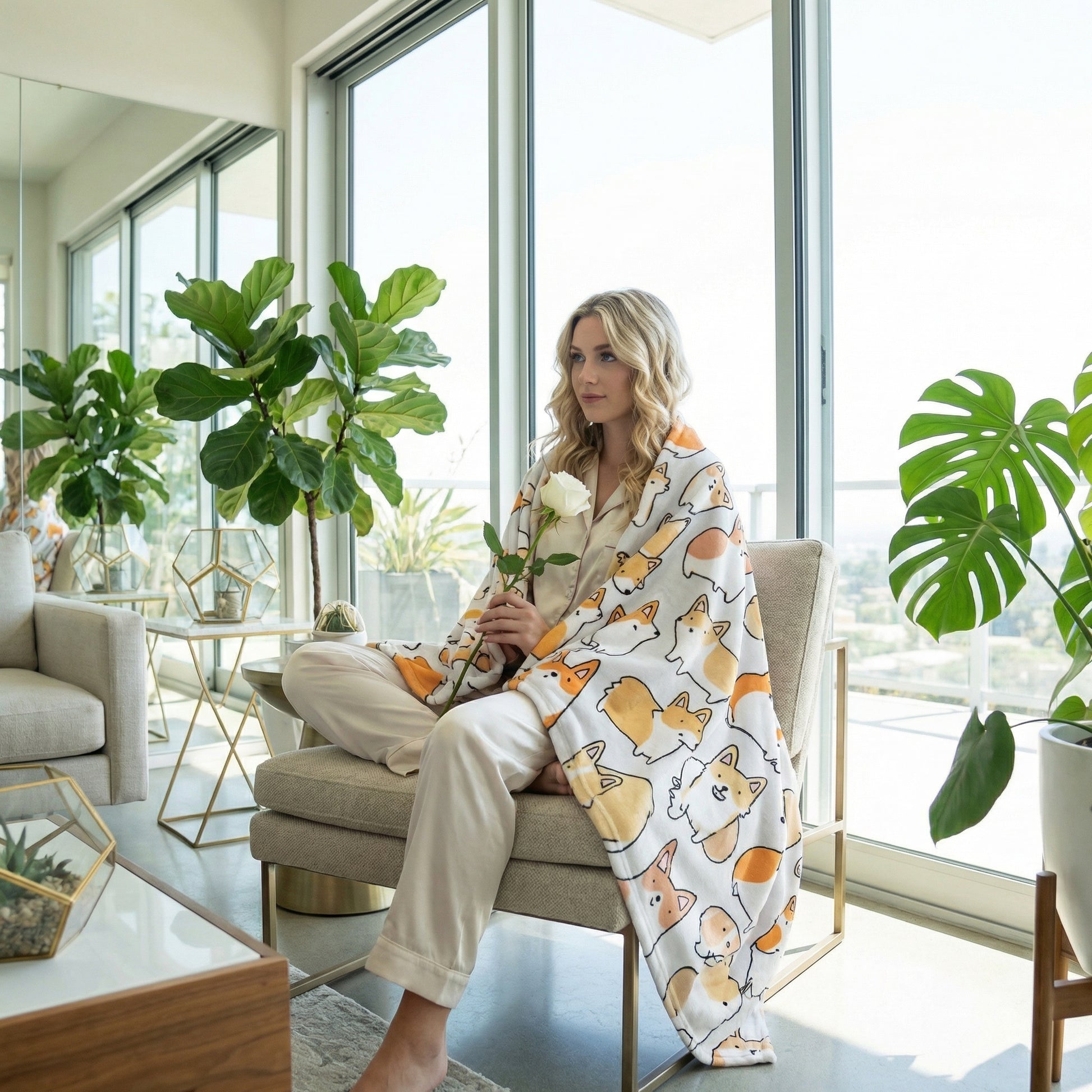 Blonde woman wrapped in a white Corgi plush flannel blanket, holding a white rose in a modern living room.