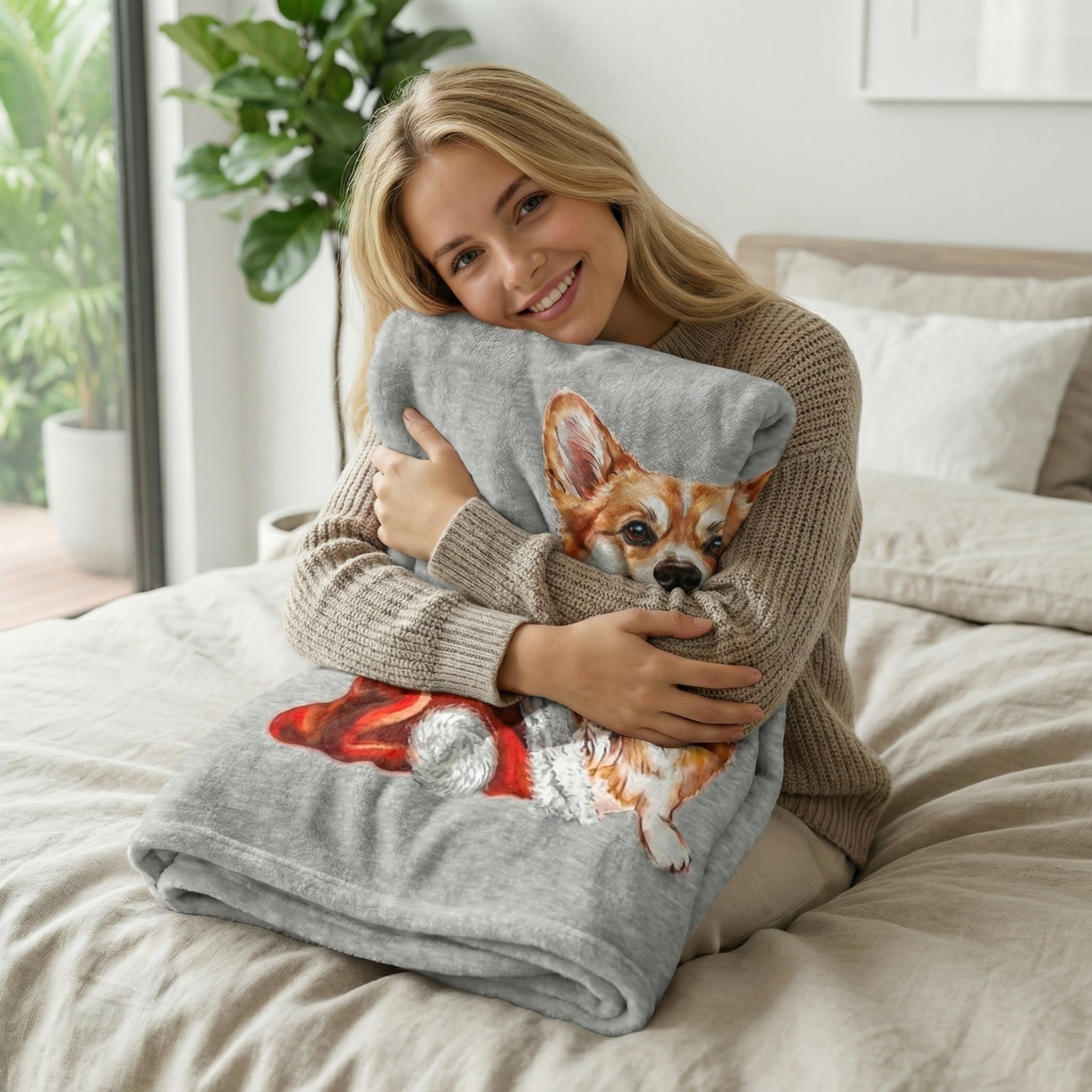 Smiling woman hugging a soft gray flannel blanket with a cute Corgi wearing a Santa hat.