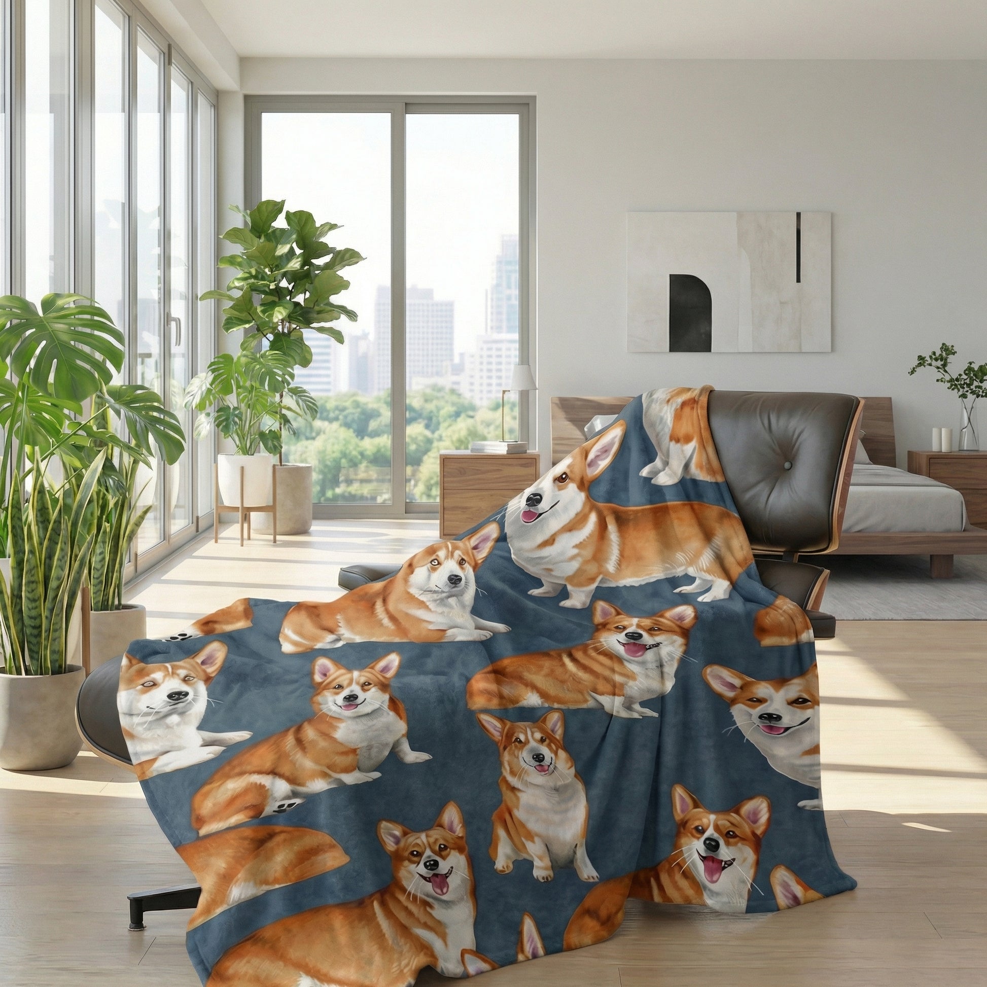 Blue flannel blanket with multiple Corgi dog prints draped over a brown leather armchair.