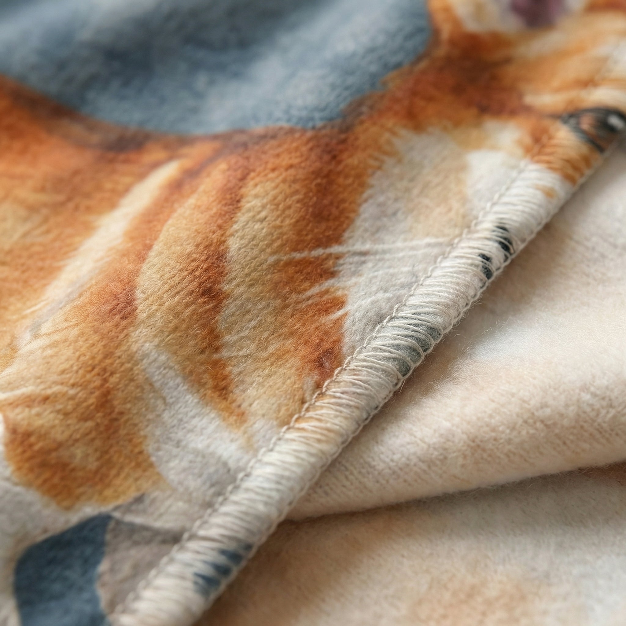 Close-up of a soft flannel blanket with a vibrant orange Corgi print and neatly stitched edge.