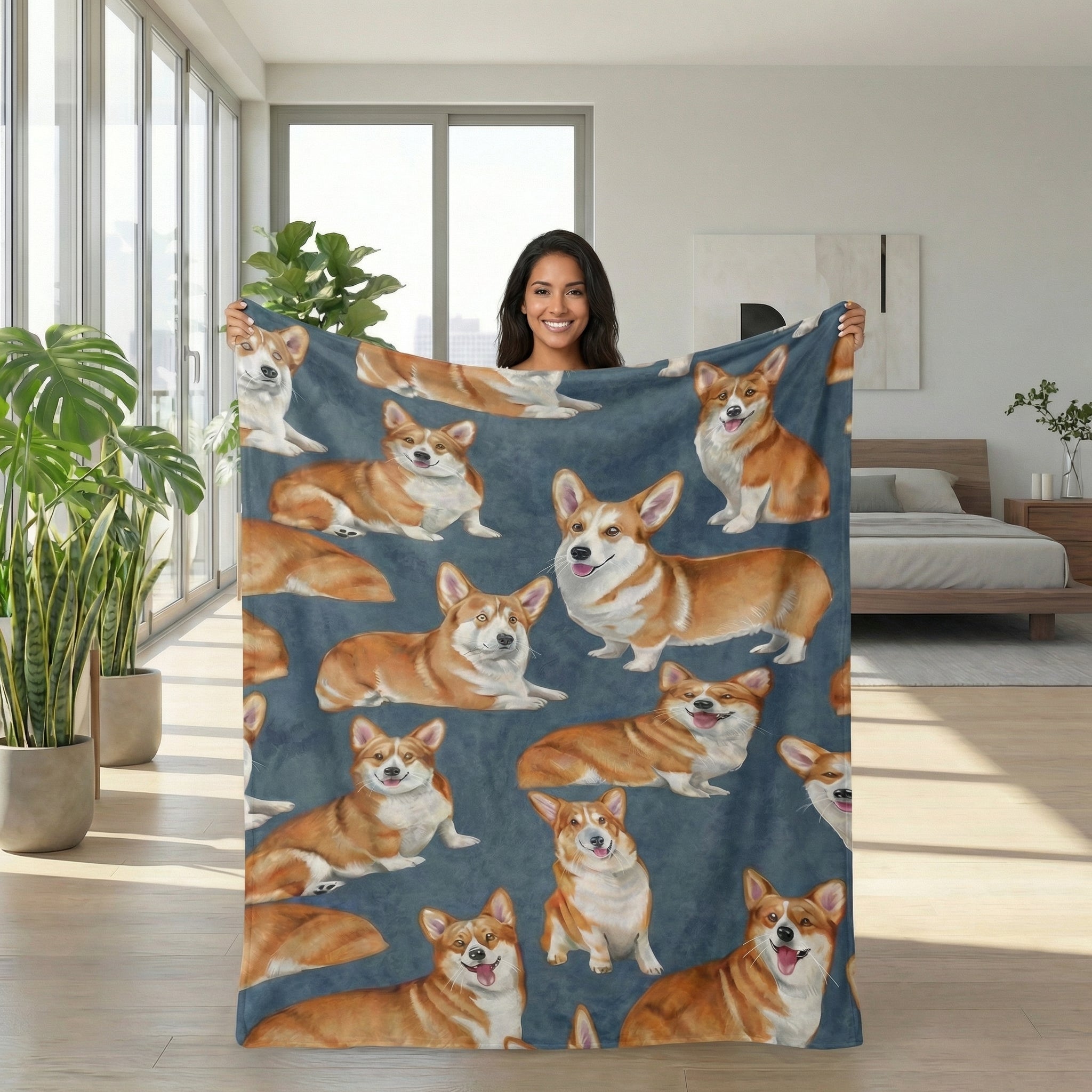 Smiling woman holding a blue flannel blanket with a repeating pattern of adorable Corgi dogs.