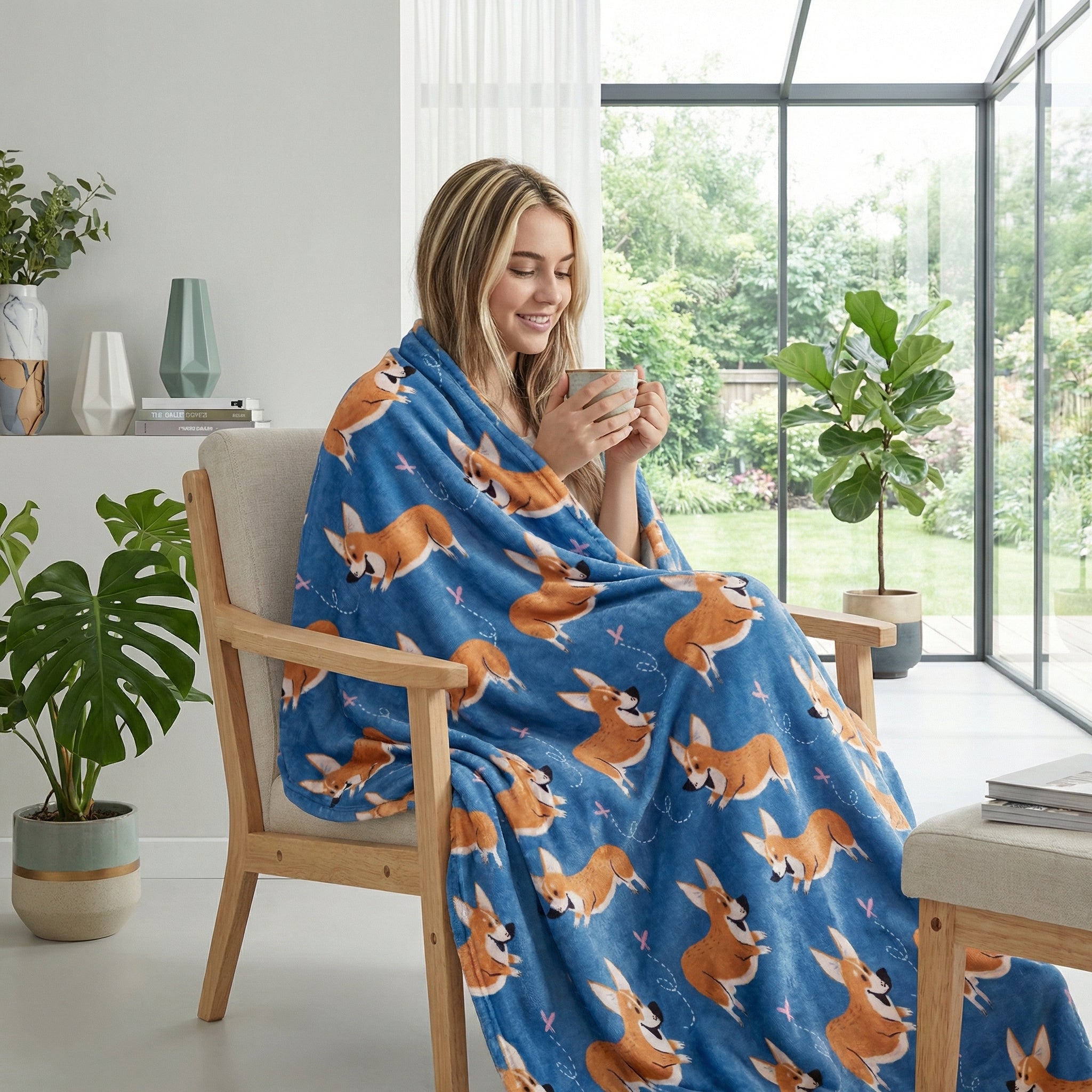 Smiling woman wrapped in a soft blue flannel blanket with an adorable Corgi print, holding a mug.