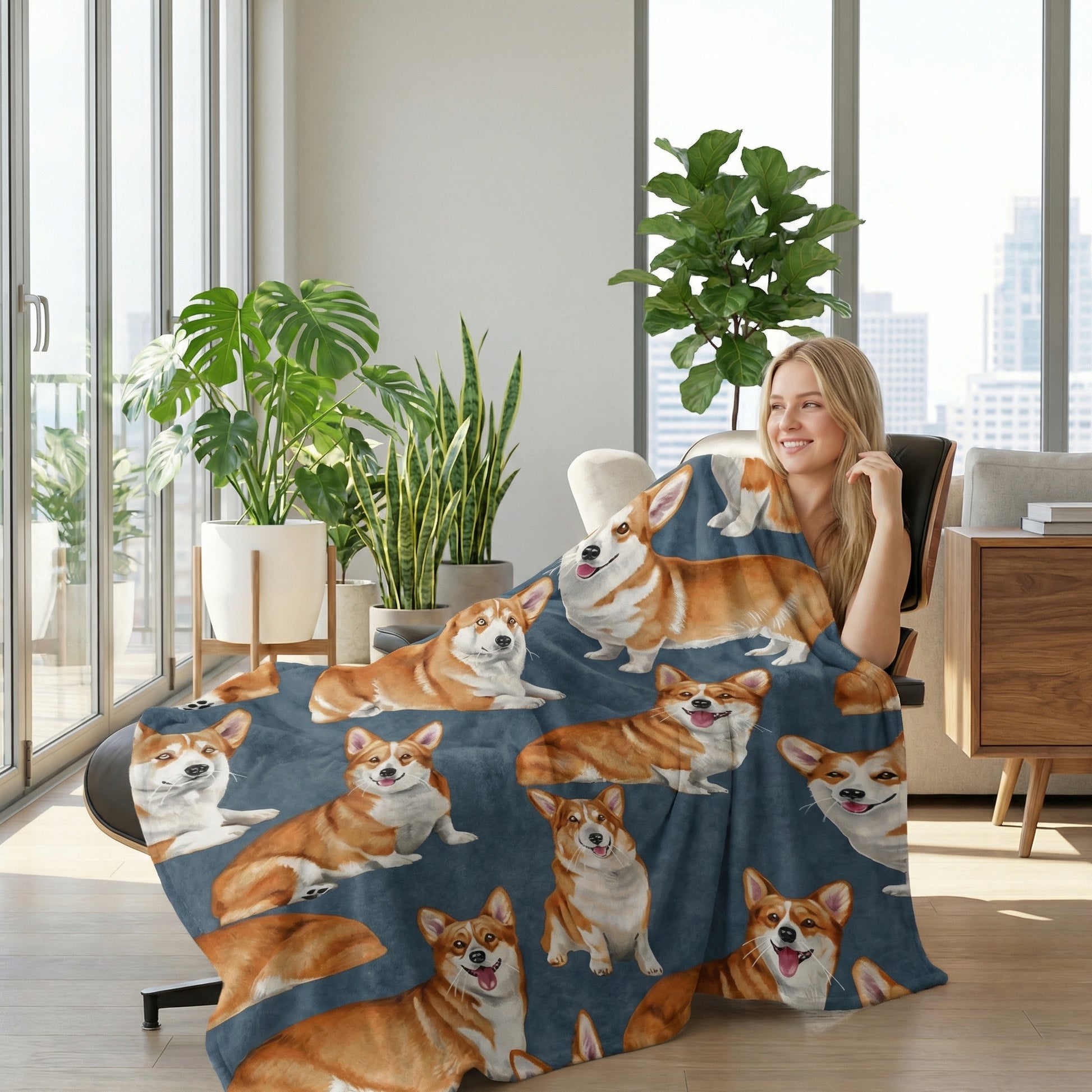 Blonde woman wrapped in a soft, blue flannel blanket with a playful Corgi dog print.