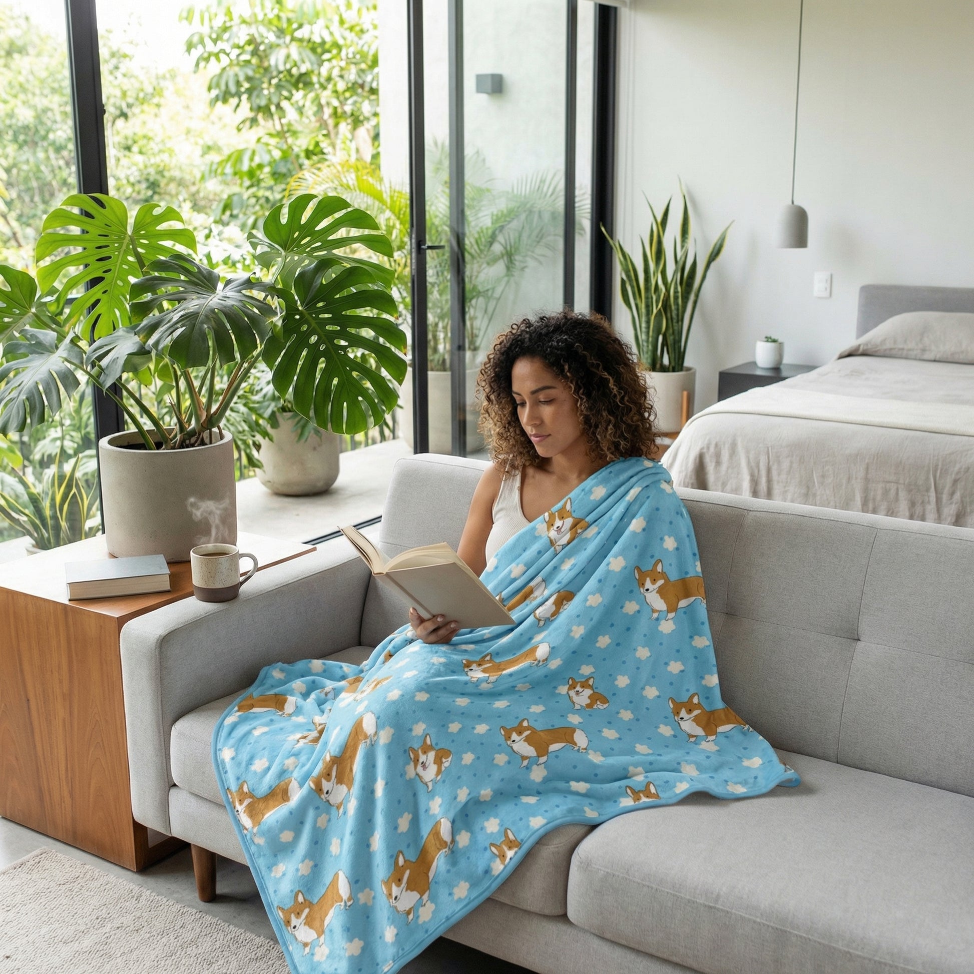 Woman on a sofa covered in a light blue flannel blanket with a playful Corgi and cloud print.
