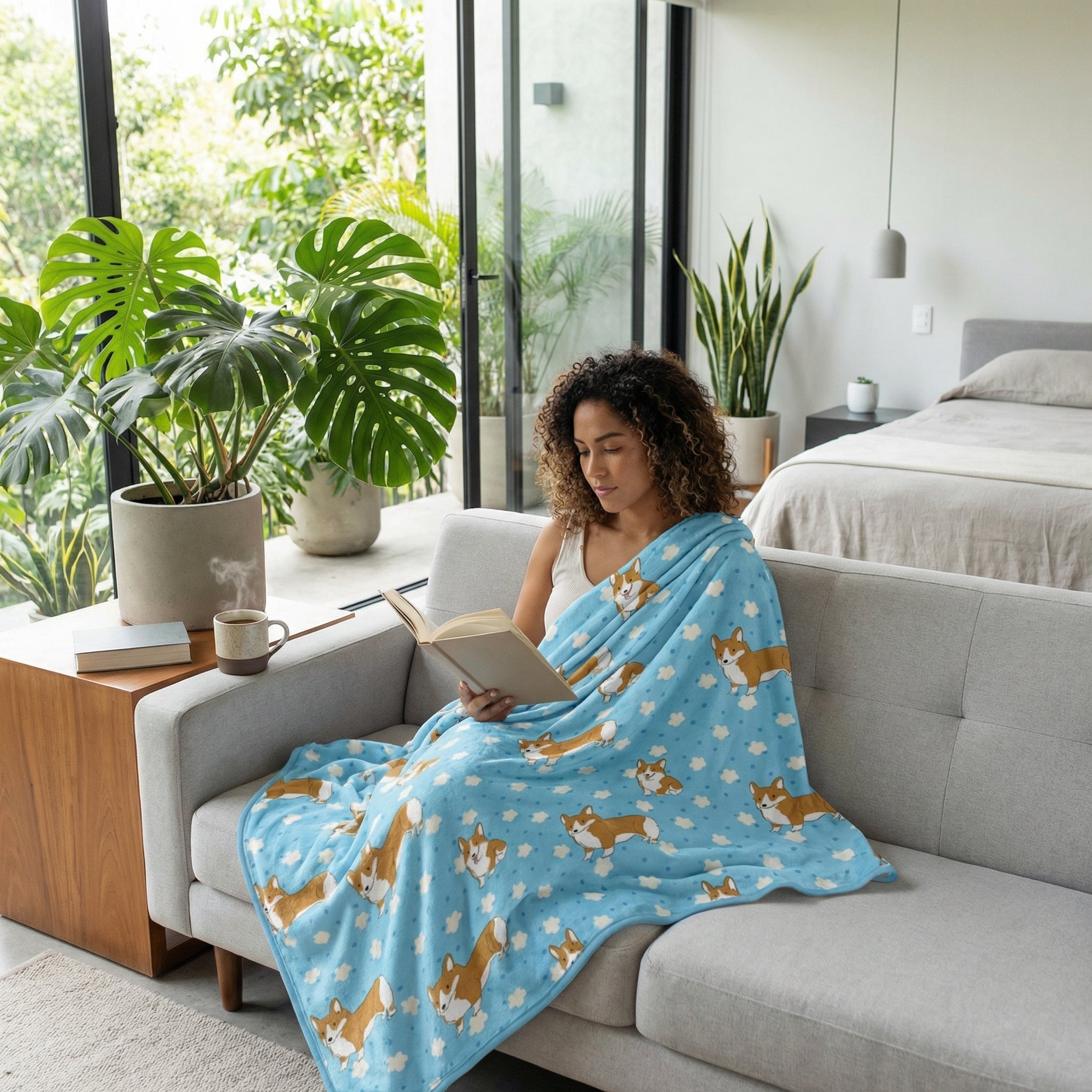 Woman on a sofa covered in a light blue flannel blanket with a playful Corgi and cloud print.