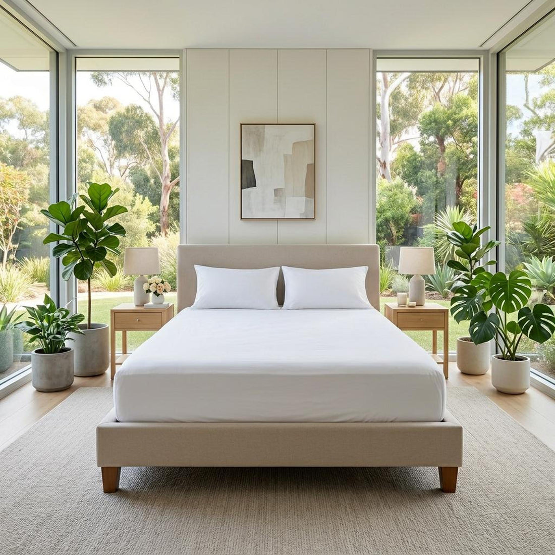 Woman smoothing a white 100% cotton fitted sheet on a beige bed in a bright room.