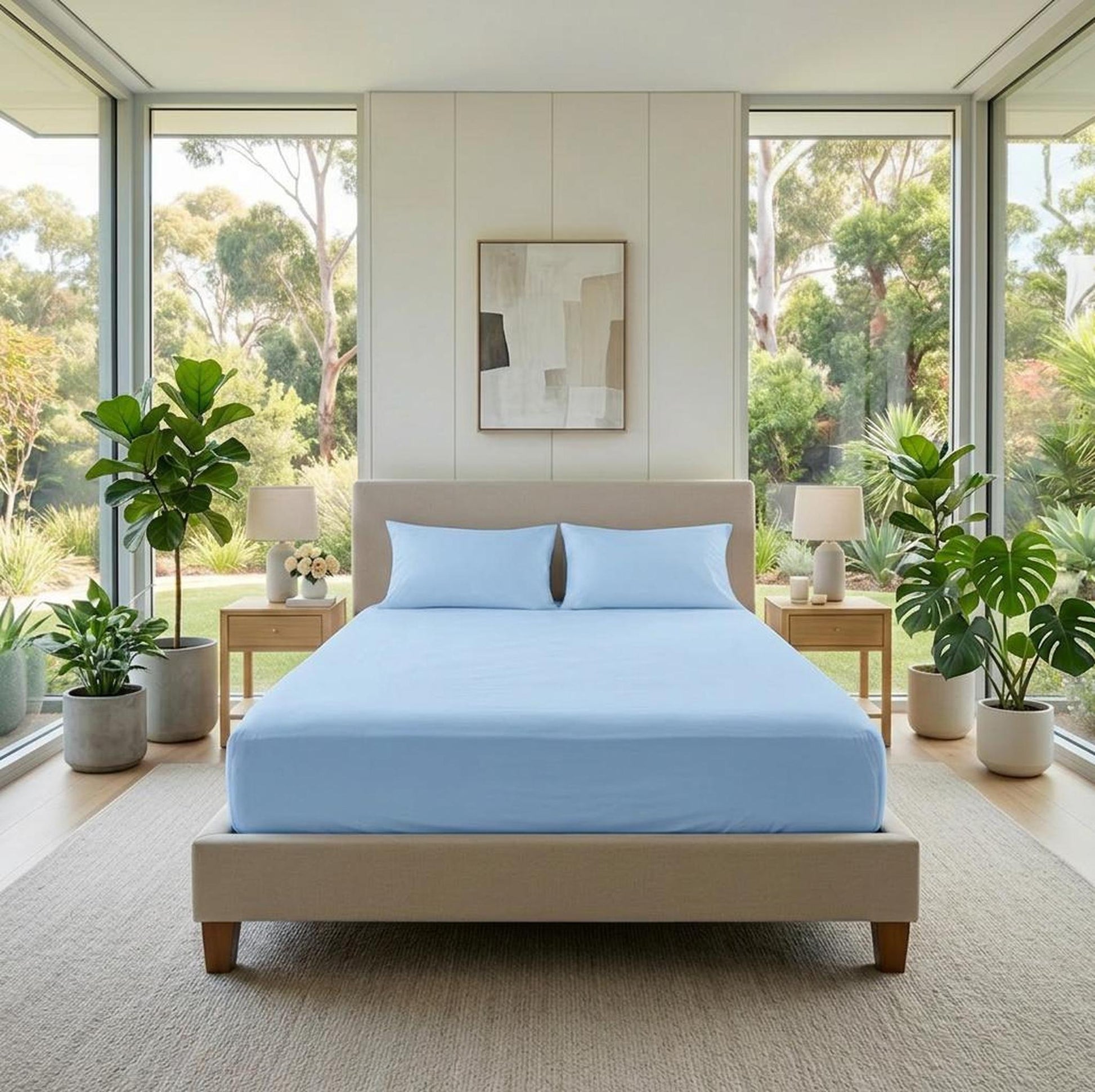 Light blue cotton fitted sheet on a bed with two matching pillowcases in a bright bedroom.