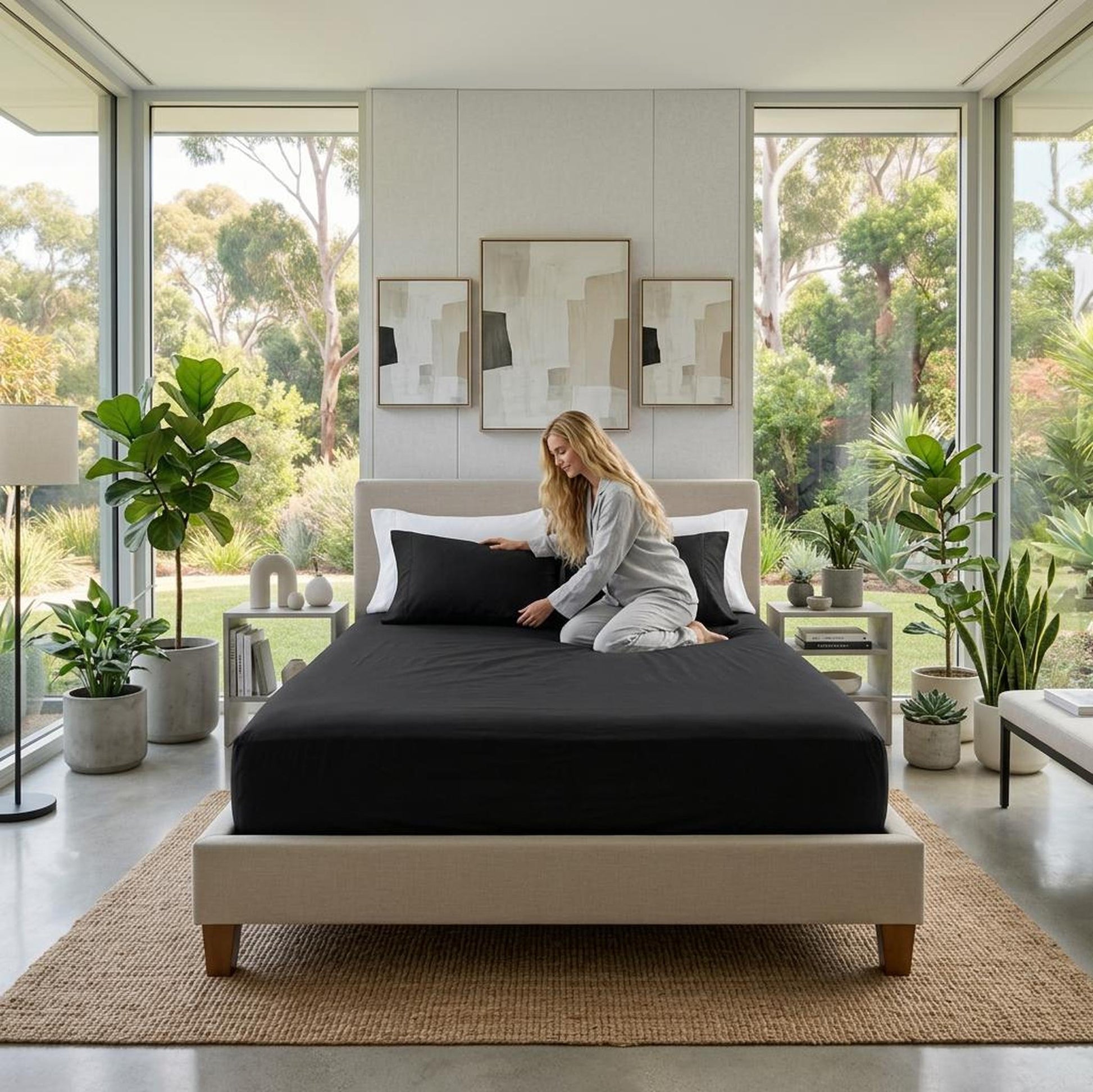 Woman on a bed with a black cotton fitted sheet and pillowcases, in a modern bedroom with large windows.