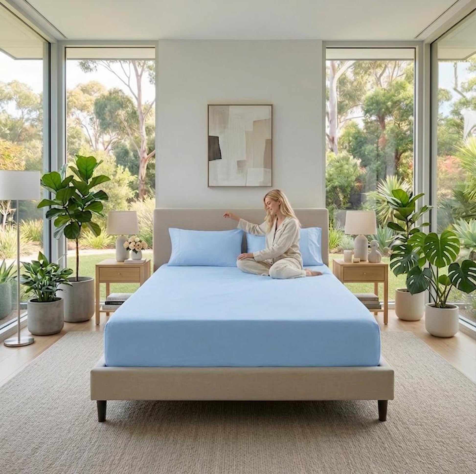 Light blue cotton fitted sheet on a bed with a woman sitting on it, surrounded by plants.
