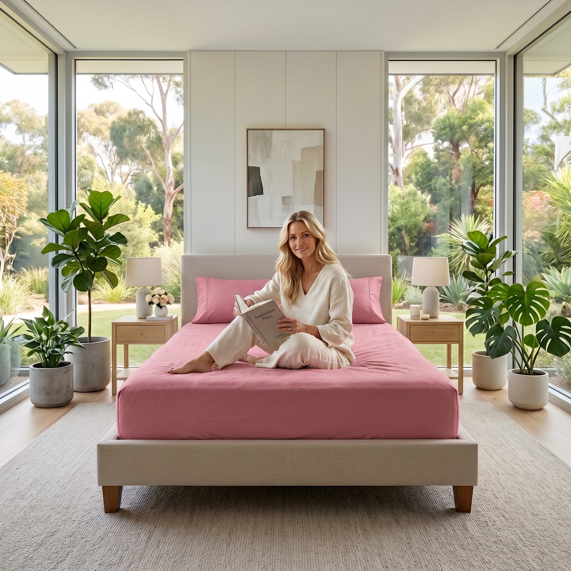 Woman in linen pajamas sitting on a pink cotton fitted sheet on a bed in a bright room.