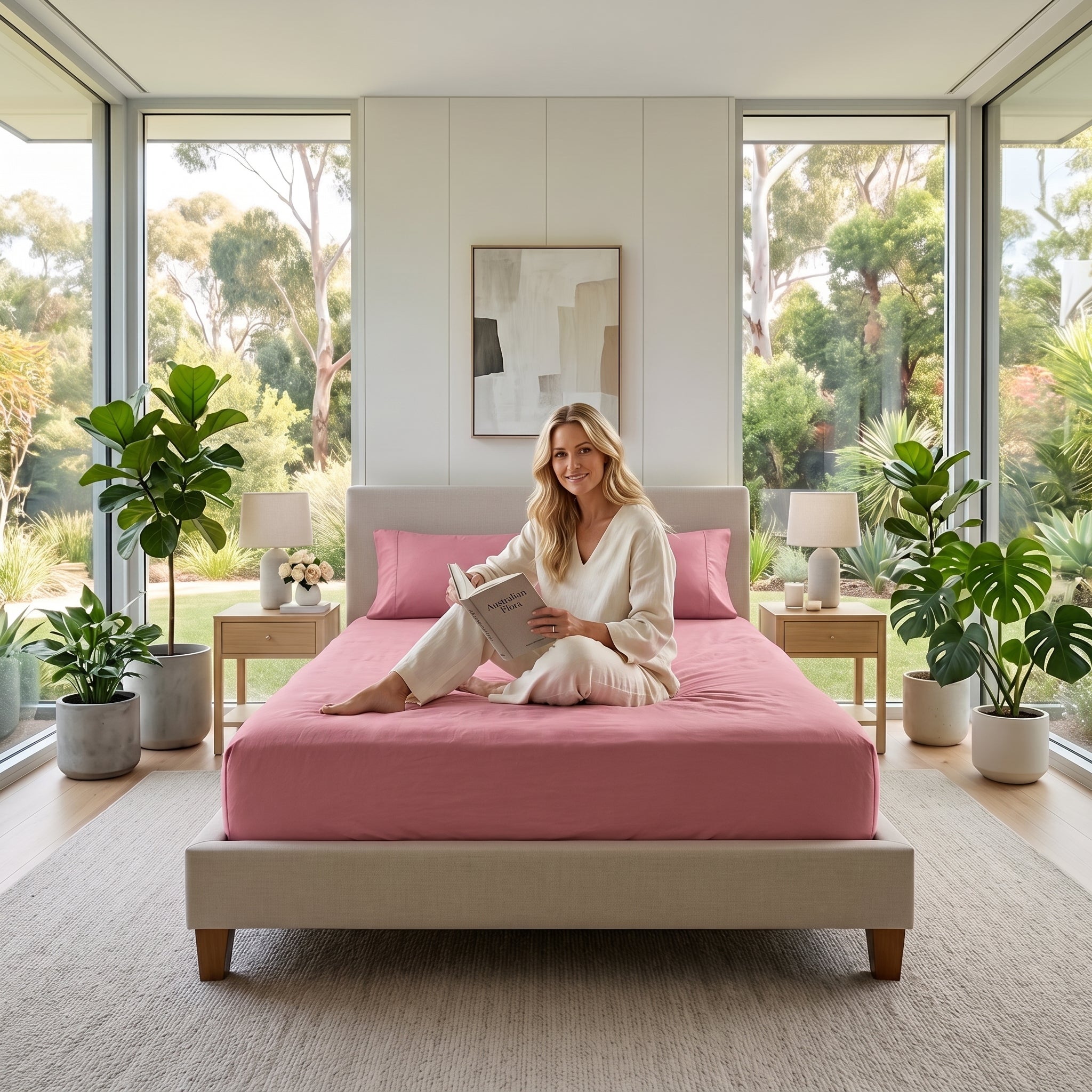 Woman in linen pajamas sitting on a pink cotton fitted sheet on a bed in a bright room.