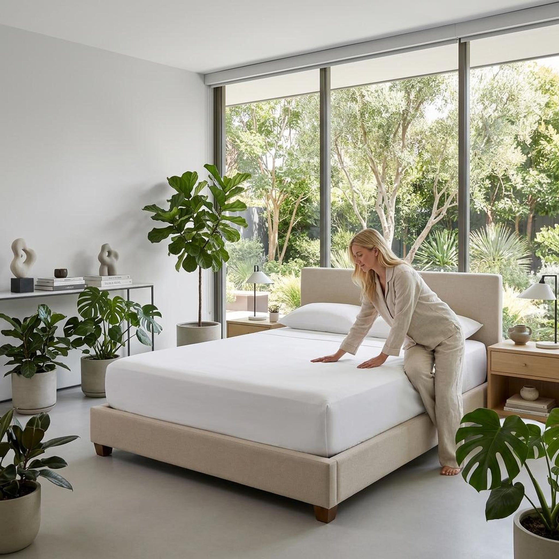 Woman smoothing a white 100% cotton fitted sheet on a beige bed in a bright room.