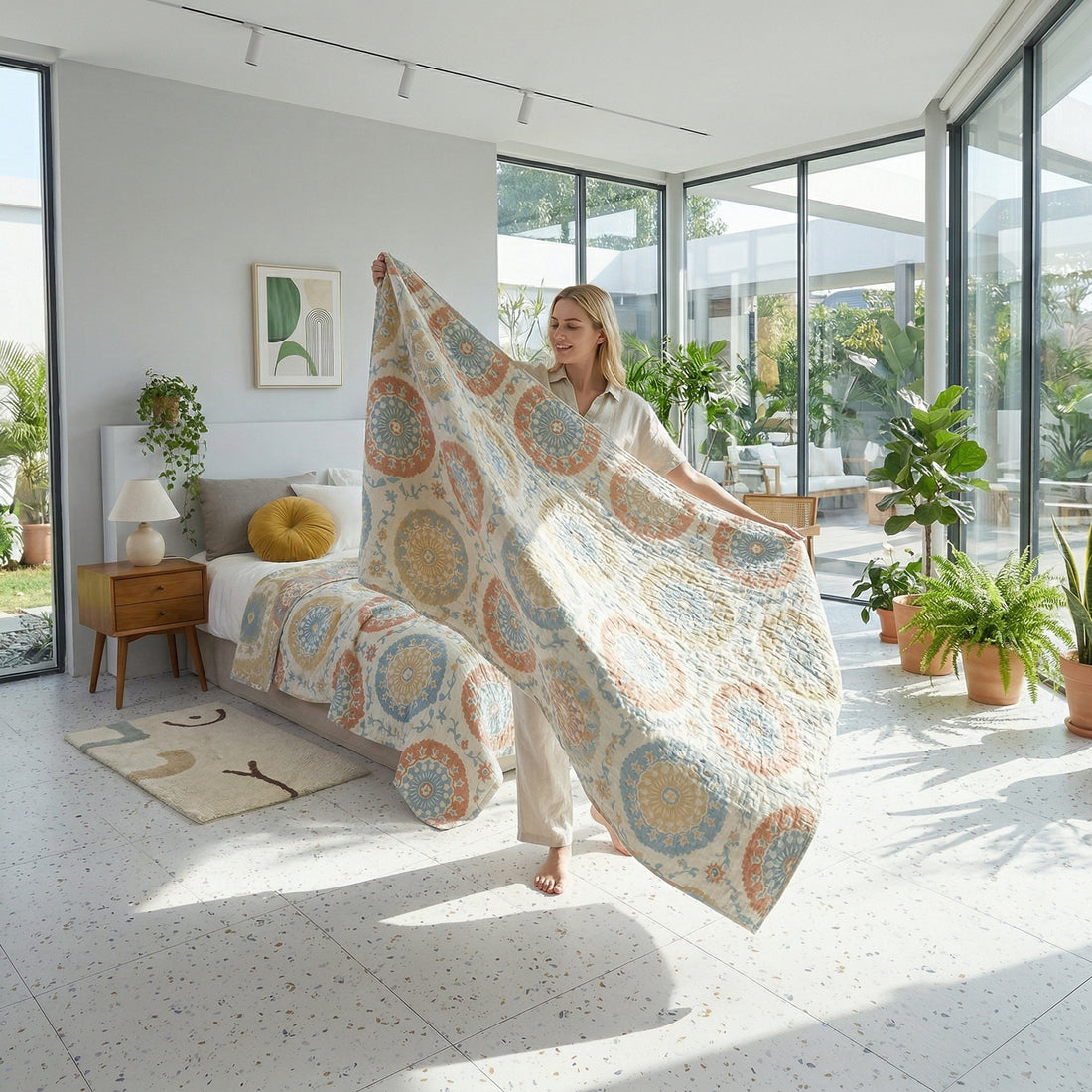 Couple relaxing in bed under a light blue, orange, and yellow patterned cotton gauze blanket.
