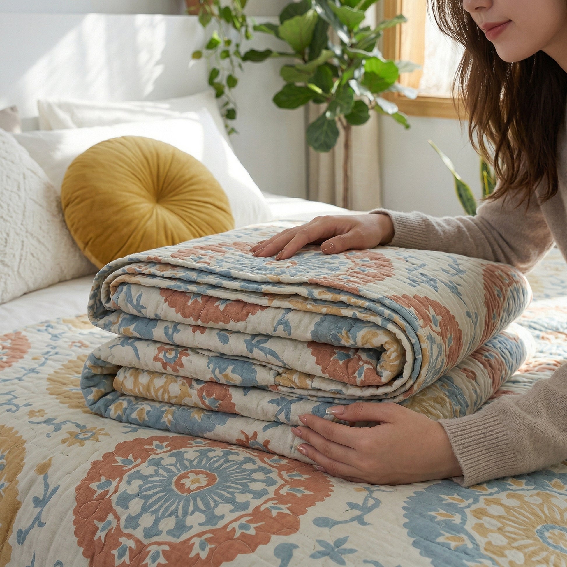 Woman folding a soft, lightweight cotton gauze blanket with blue and orange floral jacquard patterns.