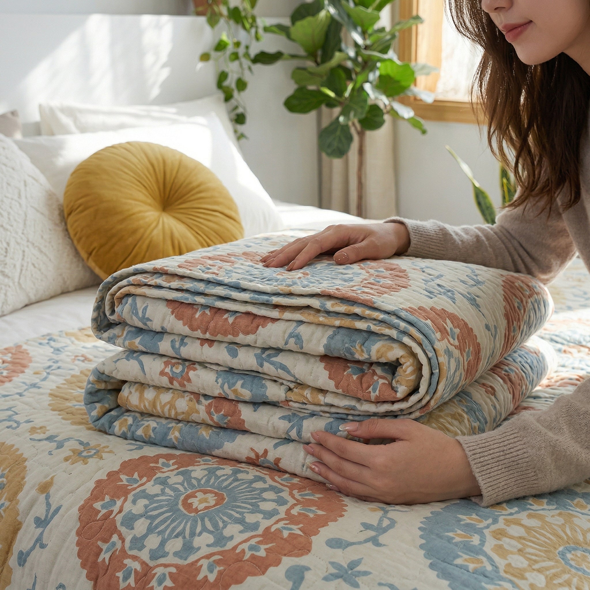Woman folding a soft, lightweight cotton gauze blanket with blue and orange floral jacquard patterns.