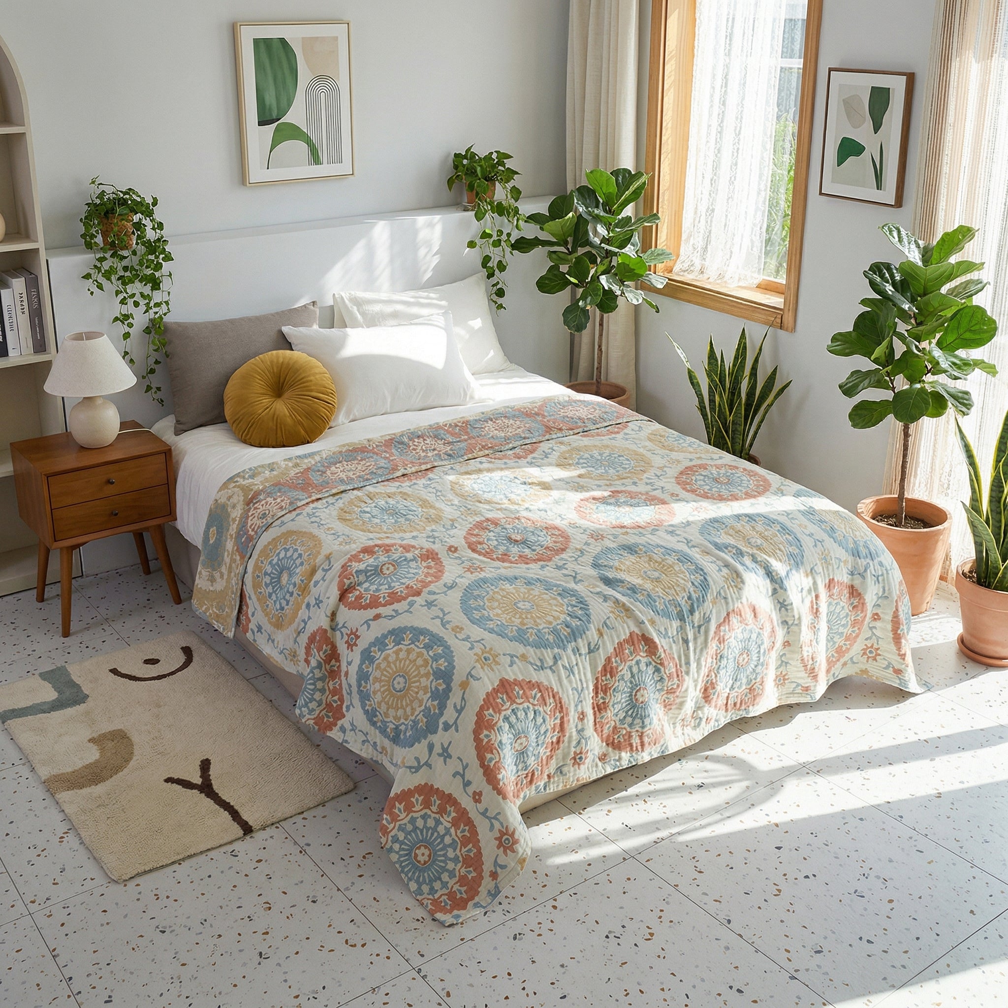 White bed with a colorful cotton gauze blanket featuring blue, orange, and yellow circular patterns.