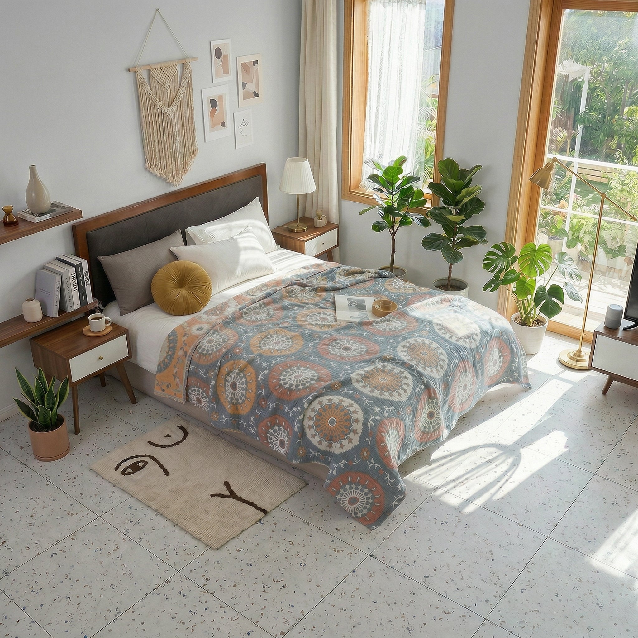Blue and orange patterned cotton gauze summer blanket on a bed in a bright bedroom.