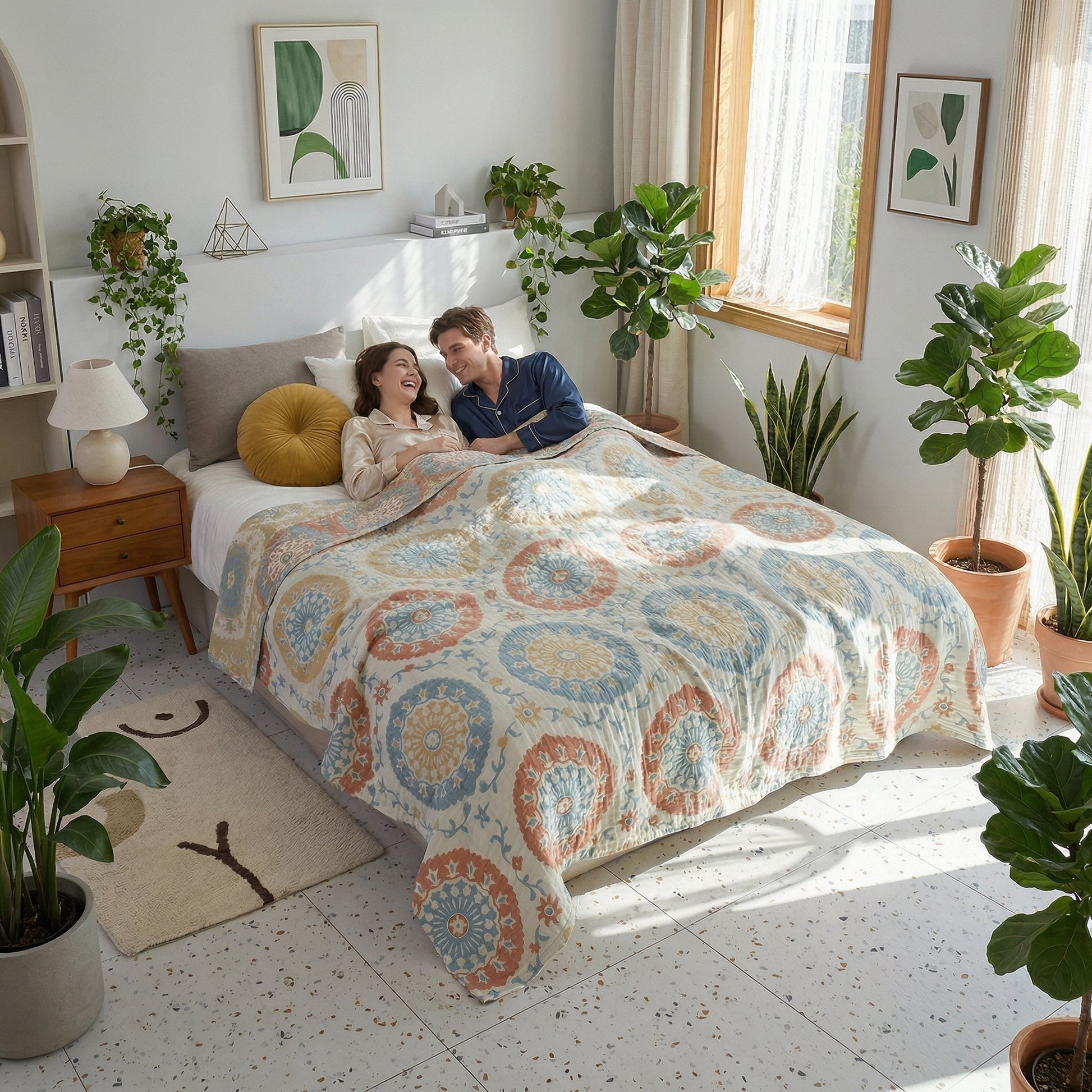 Couple relaxing in bed under a light blue, orange, and yellow patterned cotton gauze blanket.