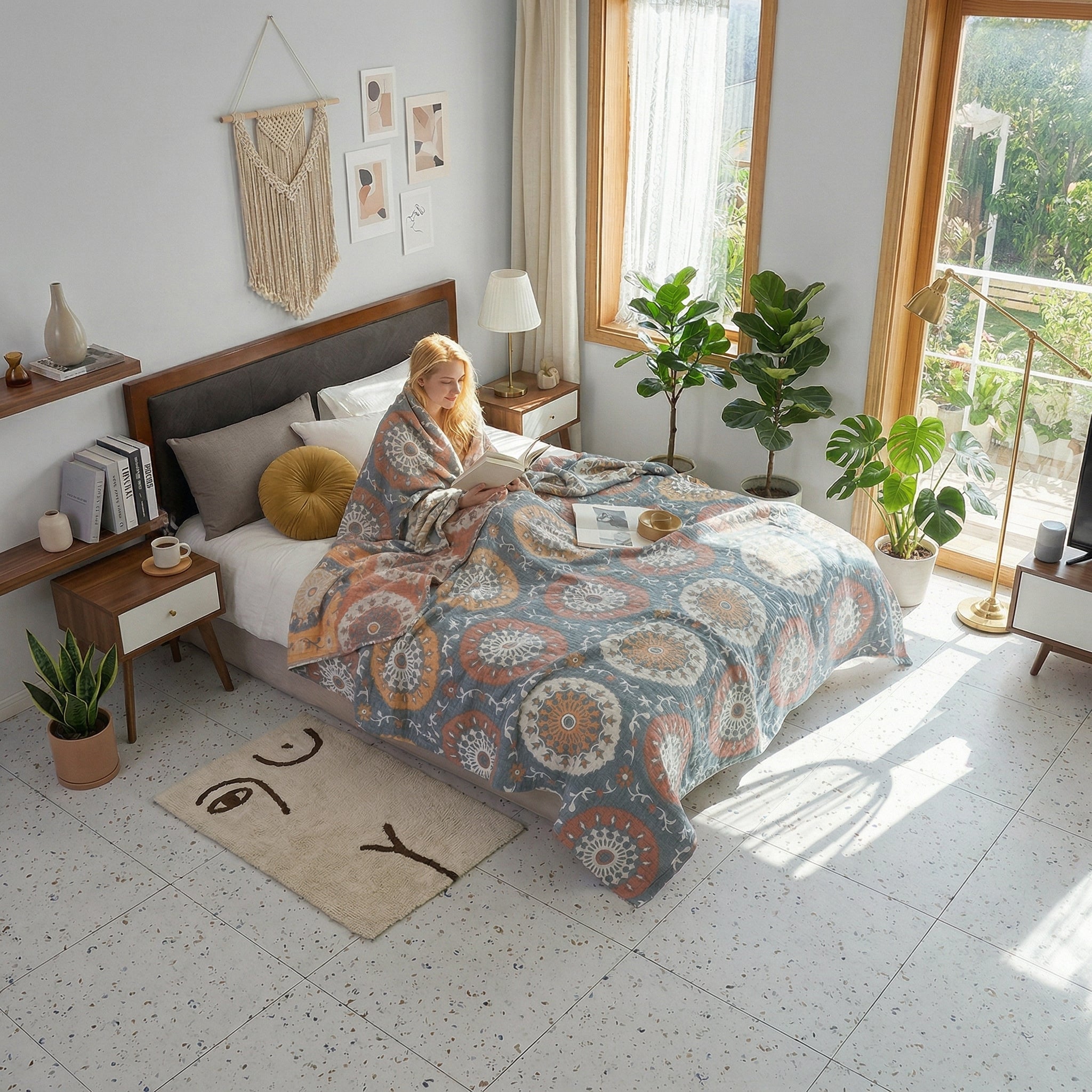 Woman on a bed covered with a blue and orange patterned cotton gauze summer blanket, reading a book.