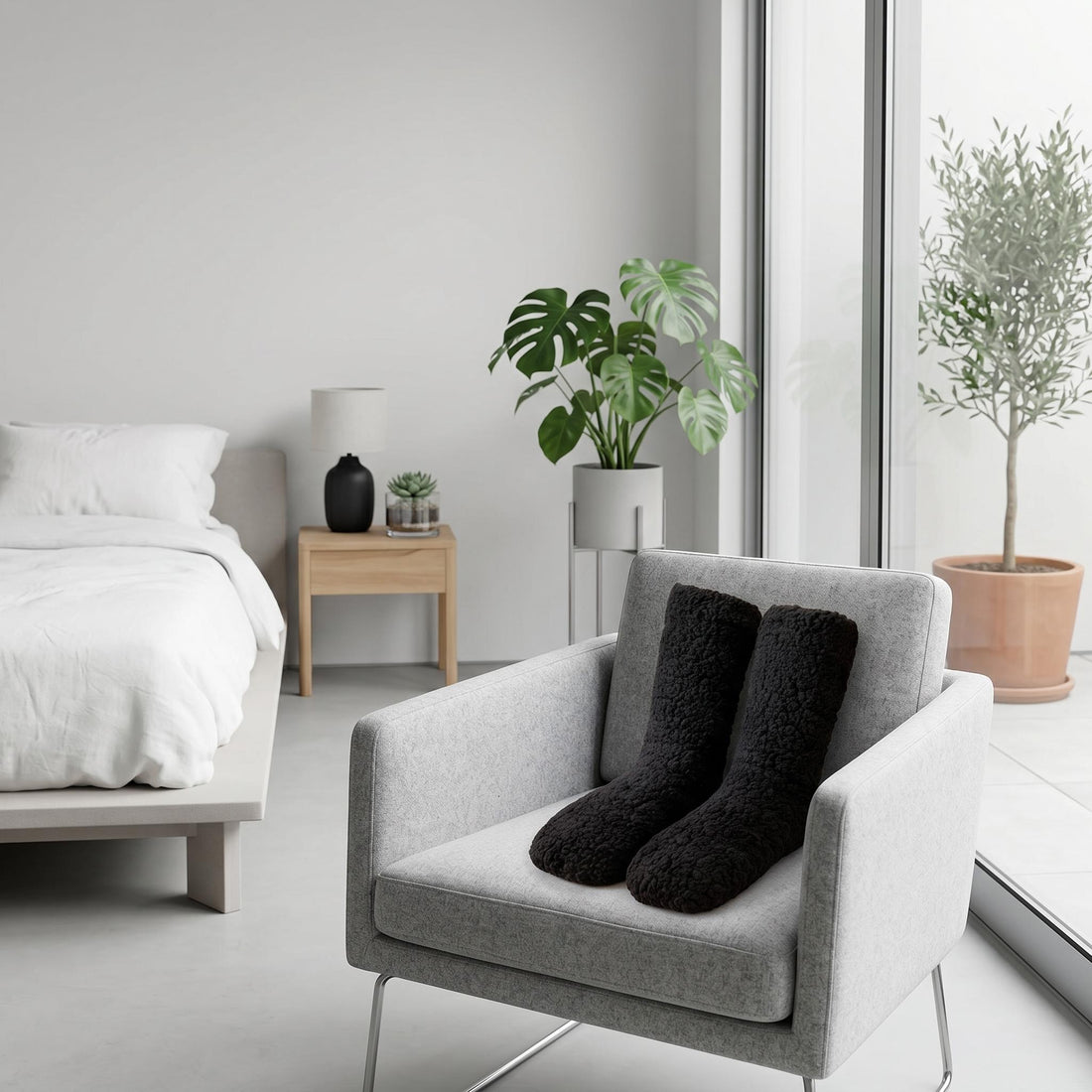 Woman relaxing in a chair wearing plush, dark grey thermal floor socks with a cozy, fuzzy texture.