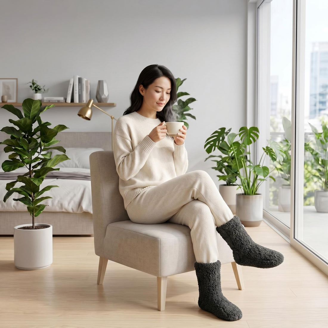 Woman relaxing in a chair wearing plush, dark grey thermal floor socks with a cozy, fuzzy texture.