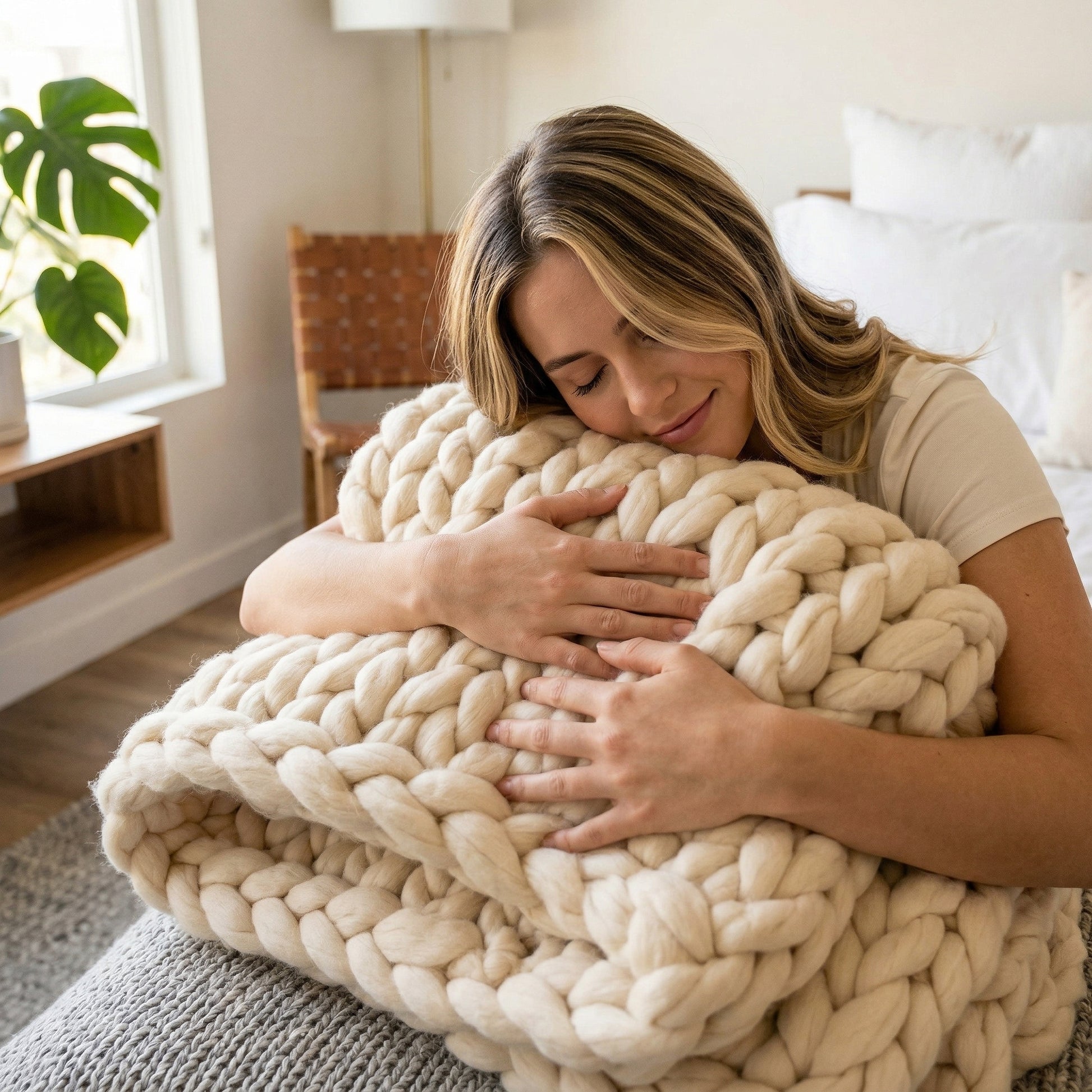 Woman hugging a cozy, chunky knit cream blanket made of wool, on a bed.
