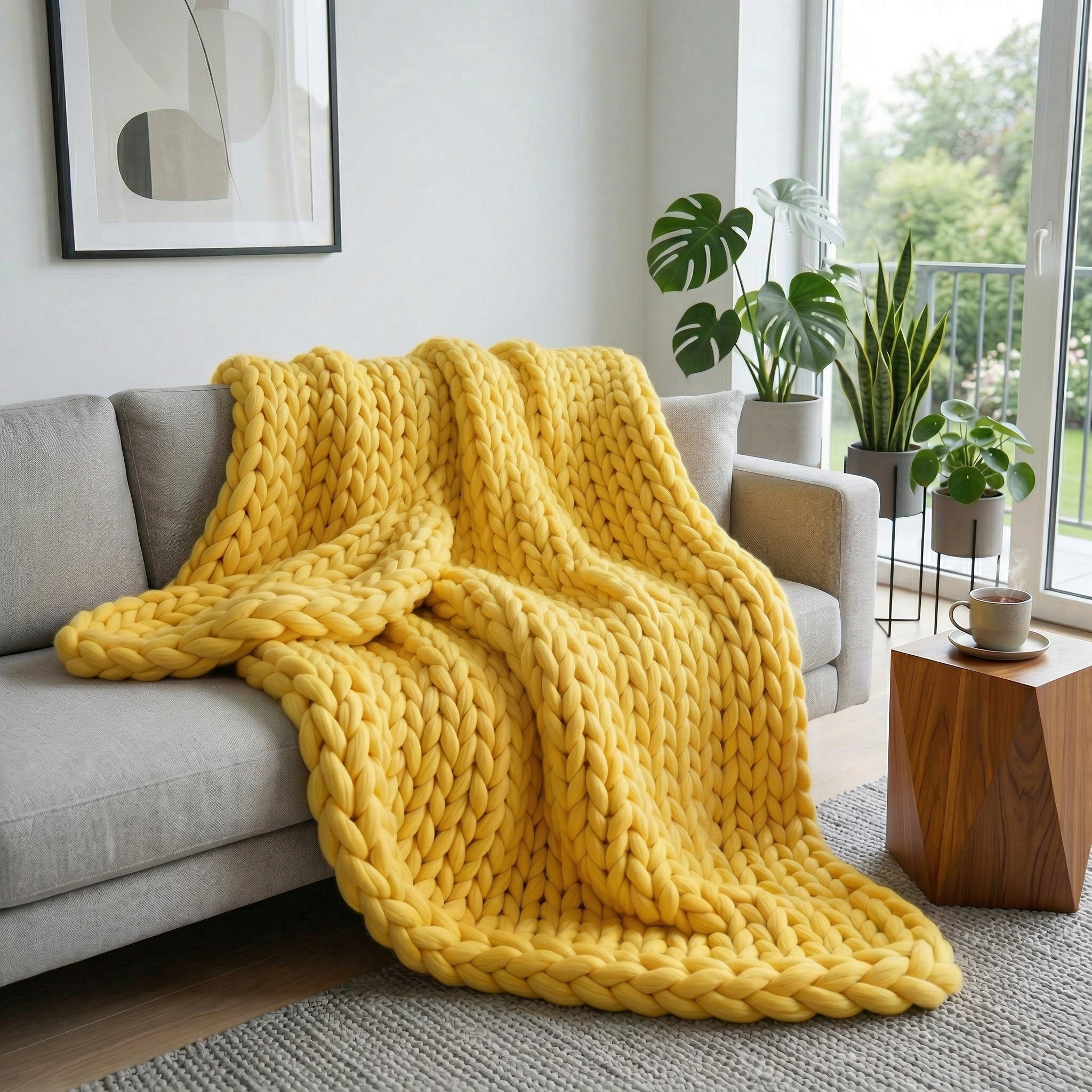 Cozy chunky knit yellow blanket draped over a gray sofa in a bright living room.