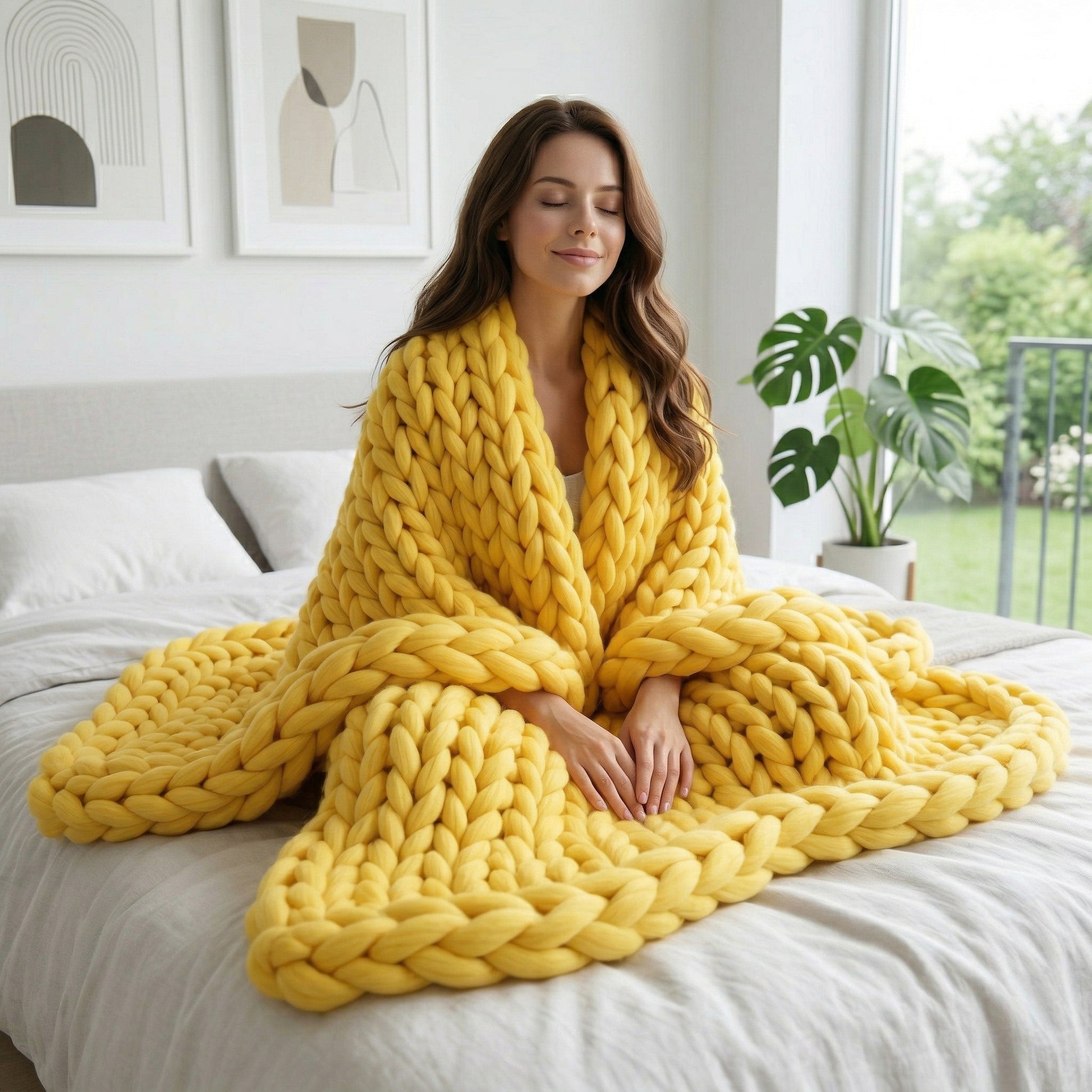 Woman wrapped in a cozy yellow chunky knit wool blanket on a bed.