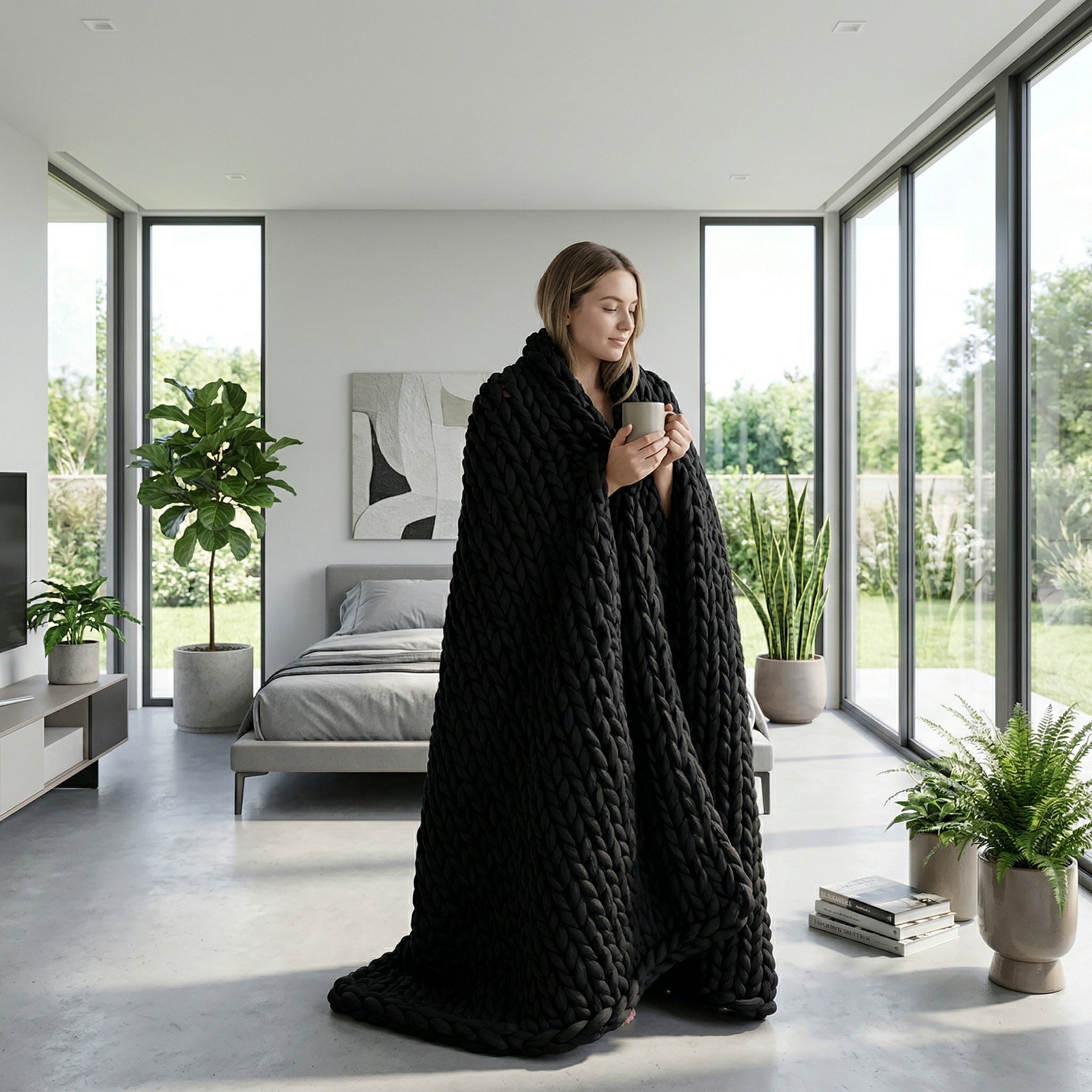 Woman wrapped in a cozy black chunky knit blanket, holding a mug in a modern, bright room.