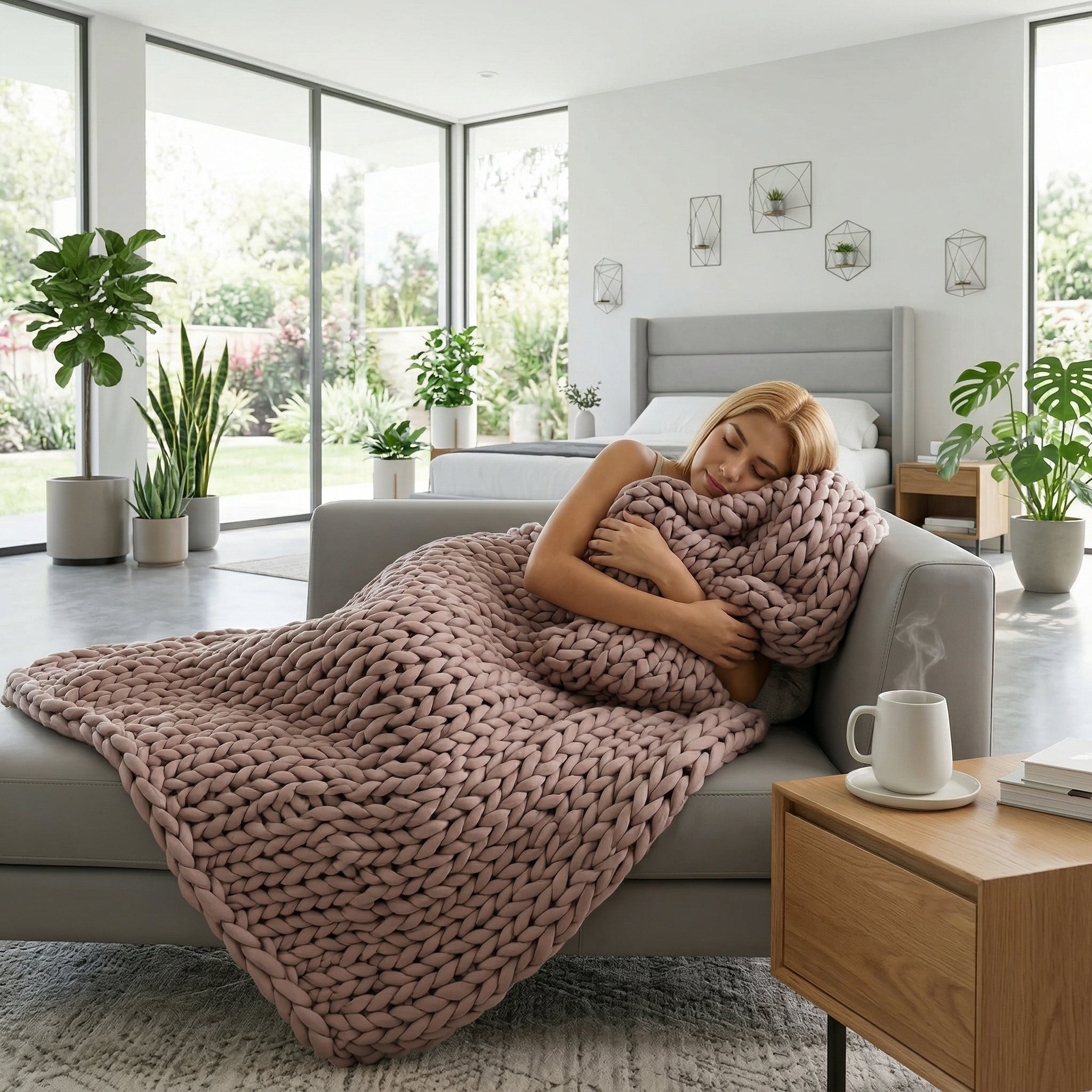 Blonde woman sleeping on a gray sofa, covered by a large, soft pink chunky knit blanket.