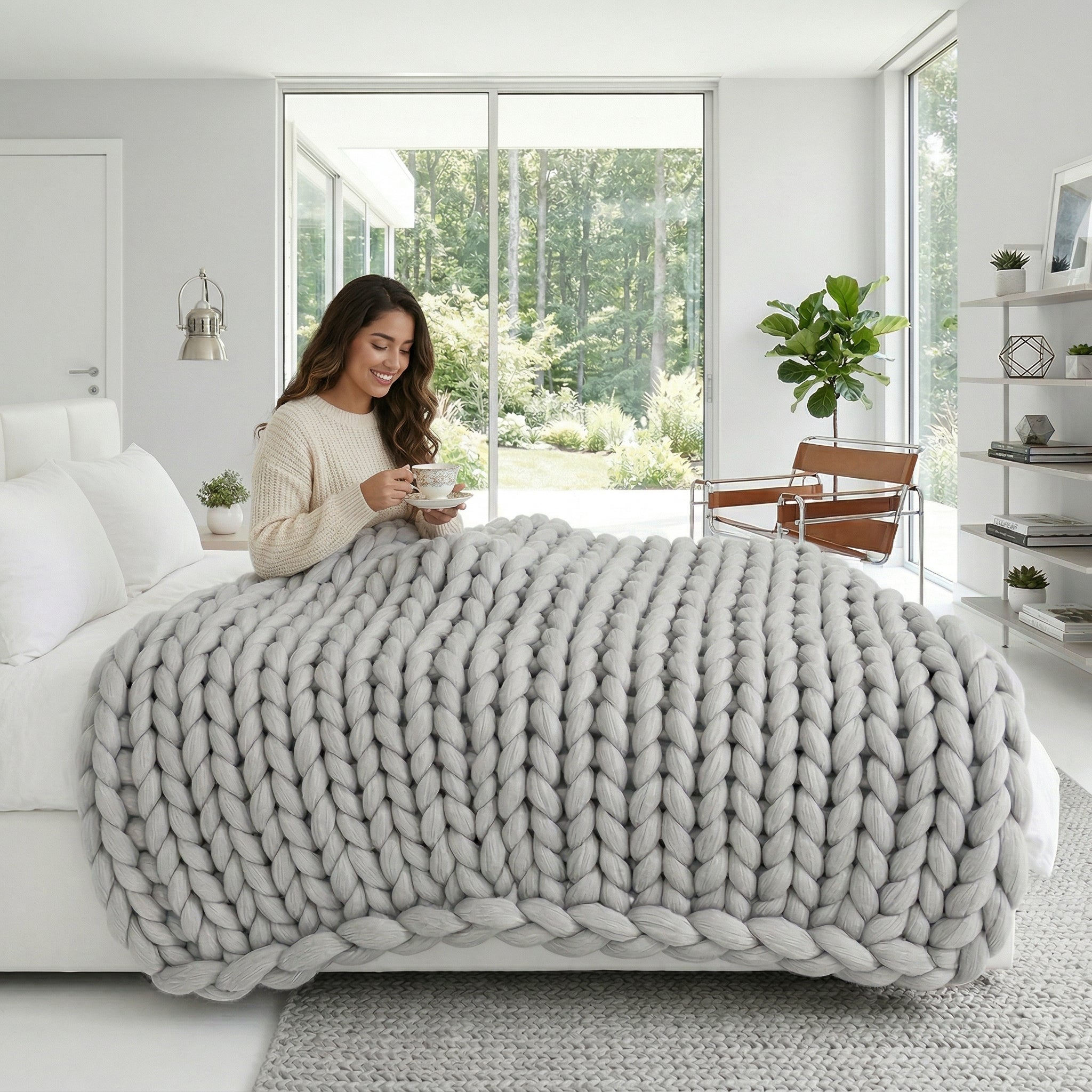Woman on bed with a large, light grey chunky knit blanket, holding a cup.