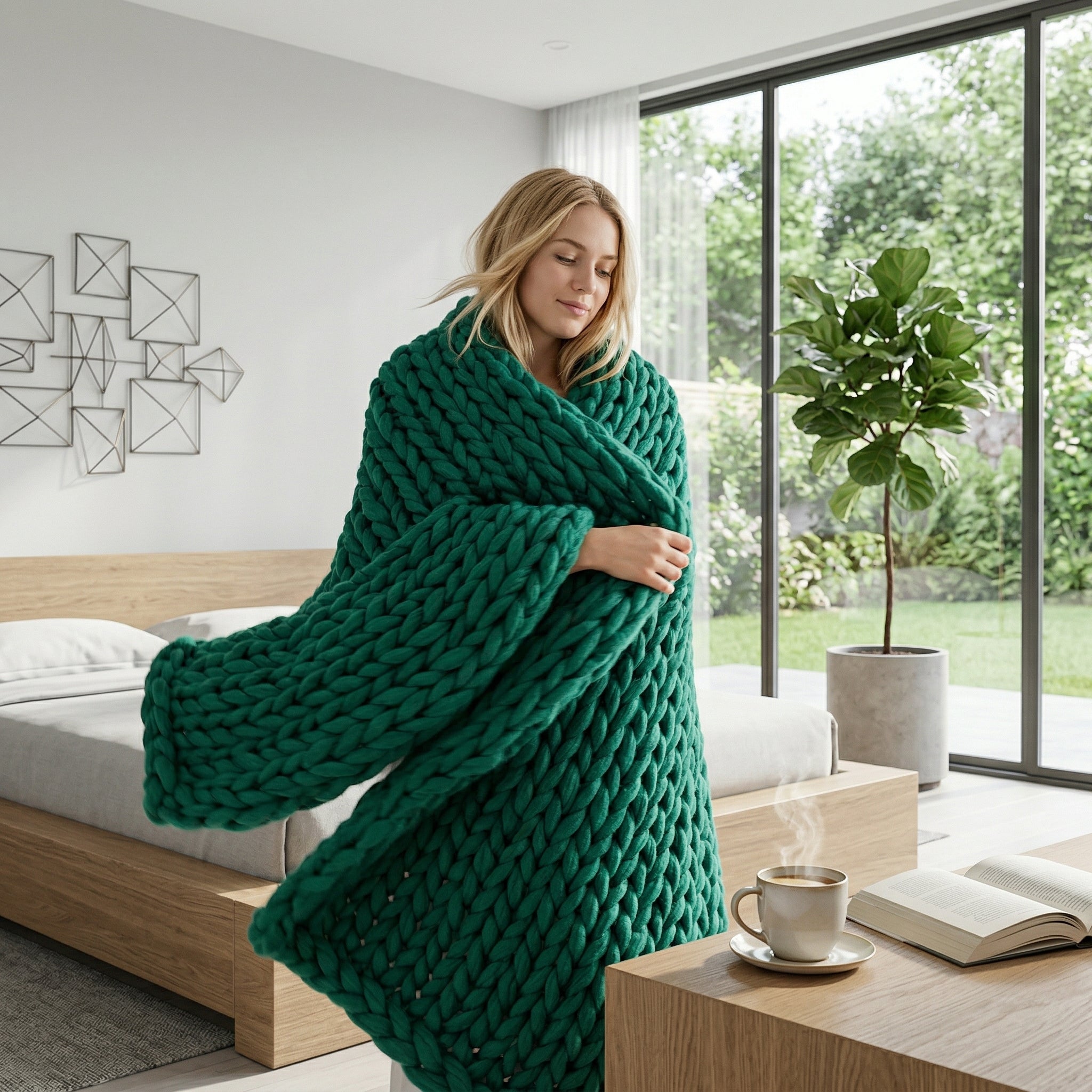 Blonde woman wrapped in a cozy, chunky knit emerald green blanket in a modern bedroom.