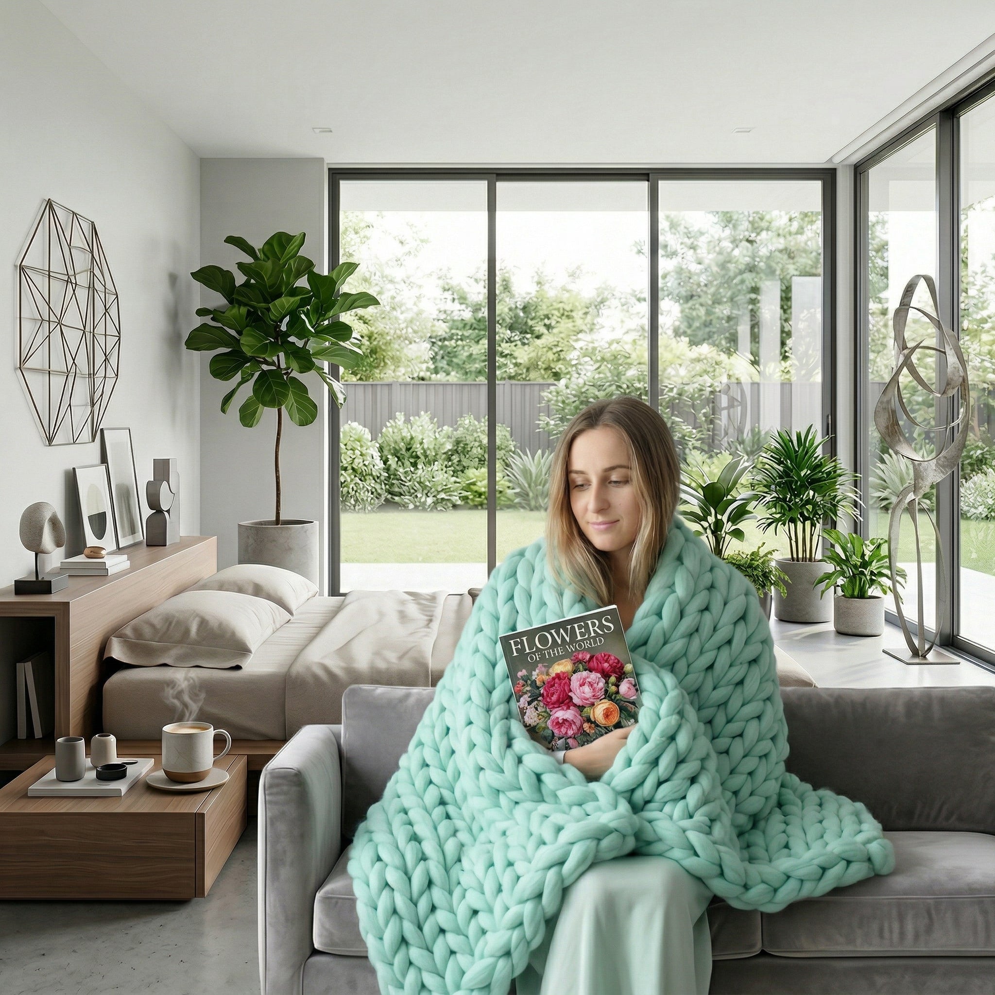 Woman wrapped in a cozy mint green chunky knit blanket, reading a book on a gray sofa in a modern living room.