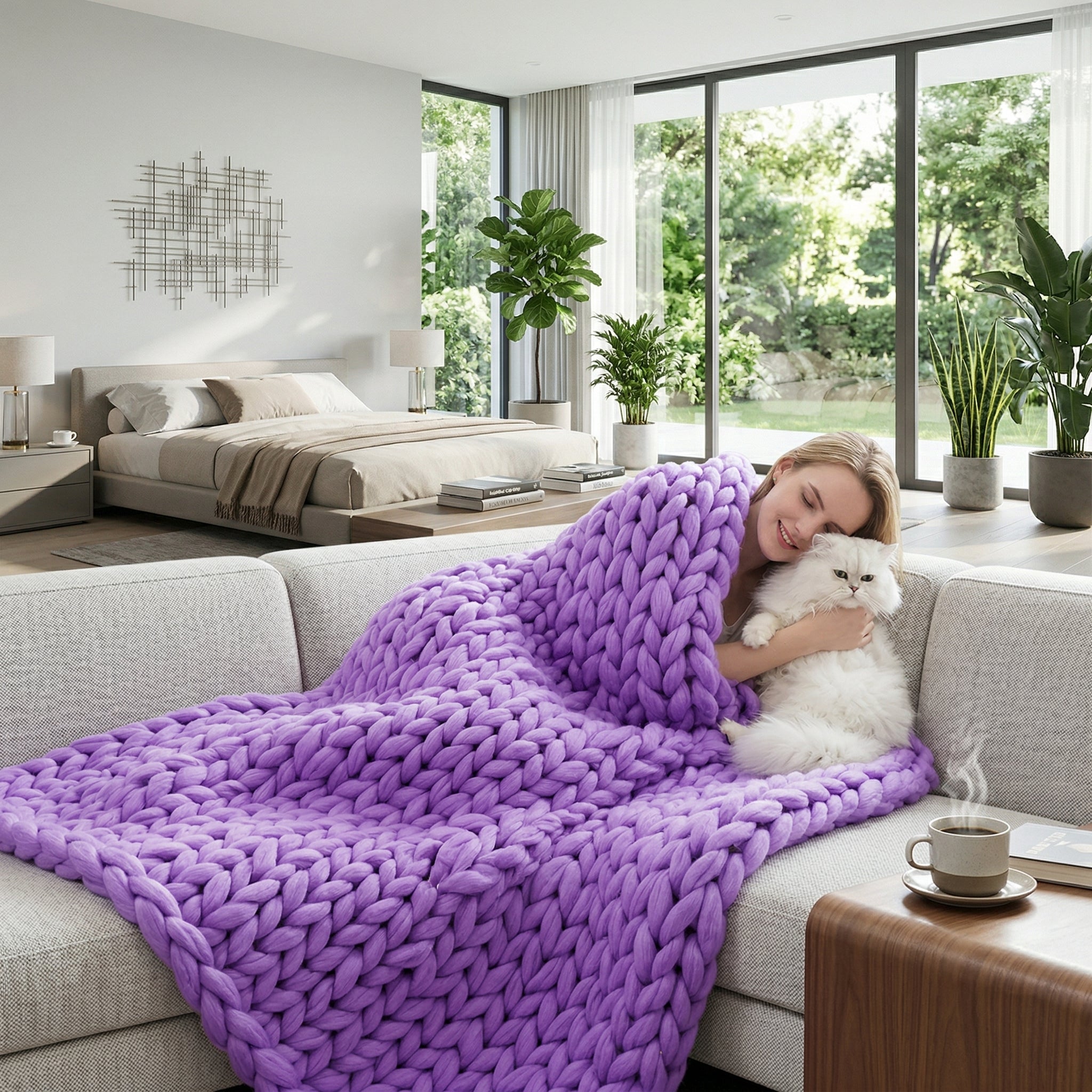 Woman on a gray sofa cuddling a white cat under a cozy, chunky knit purple blanket in a modern bedroom.