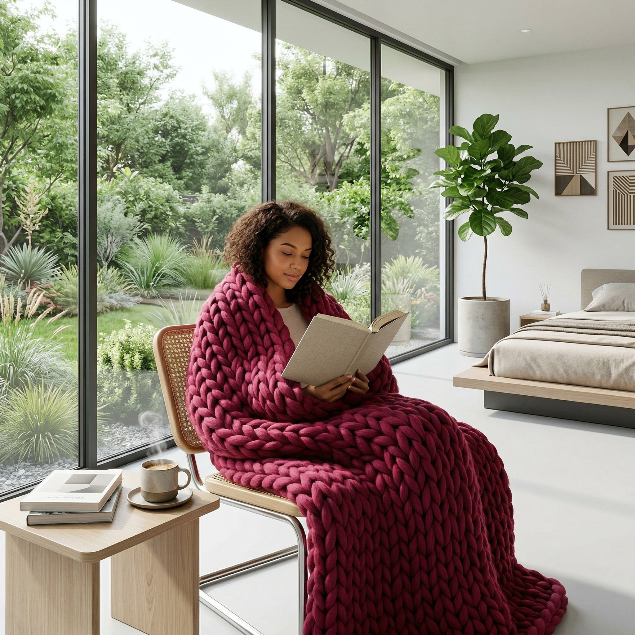 Woman wrapped in a cozy, chunky knit magenta blanket reading by a large window overlooking a lush garden.