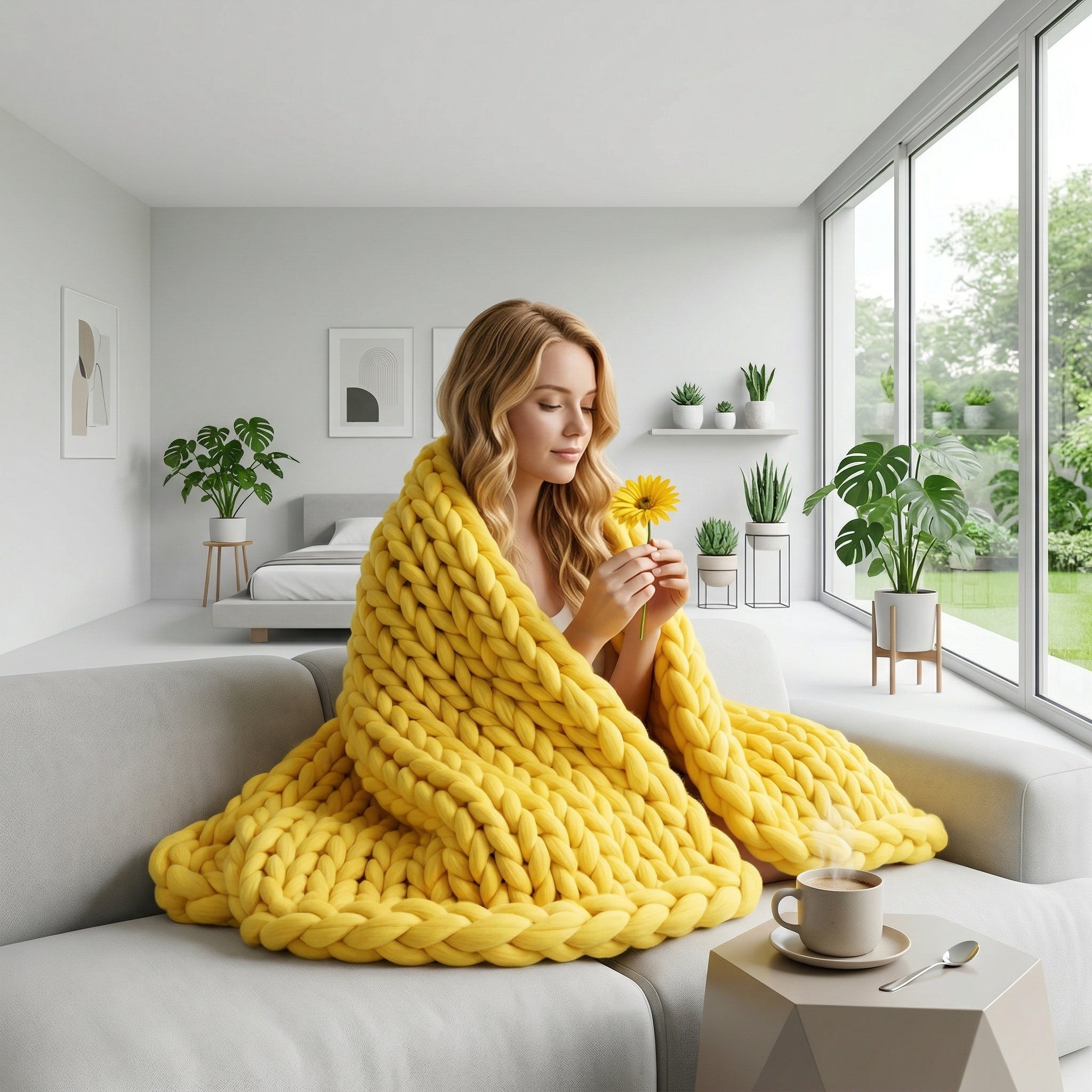 Blonde woman wrapped in a bright yellow chunky knit blanket, holding a flower on a light gray sofa.
