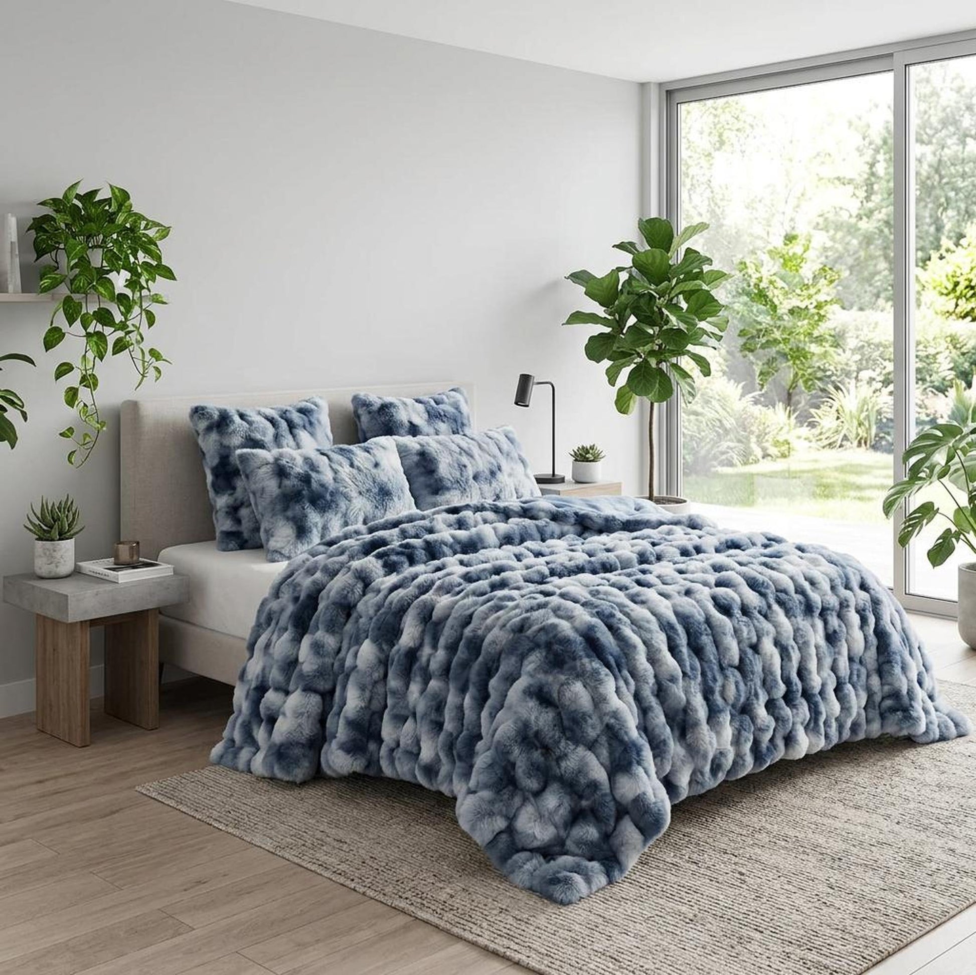 Plush blue and white faux rabbit fleece throw blanket and pillows on a bed in a bright room.