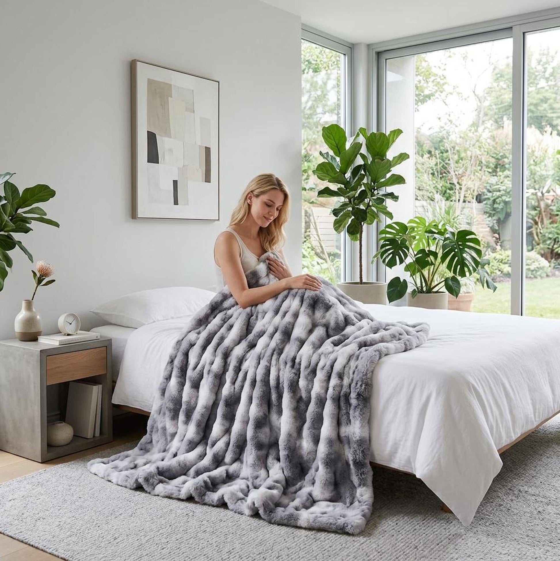 Woman on a bed wrapped in a cozy grey faux rabbit fleece throw blanket.