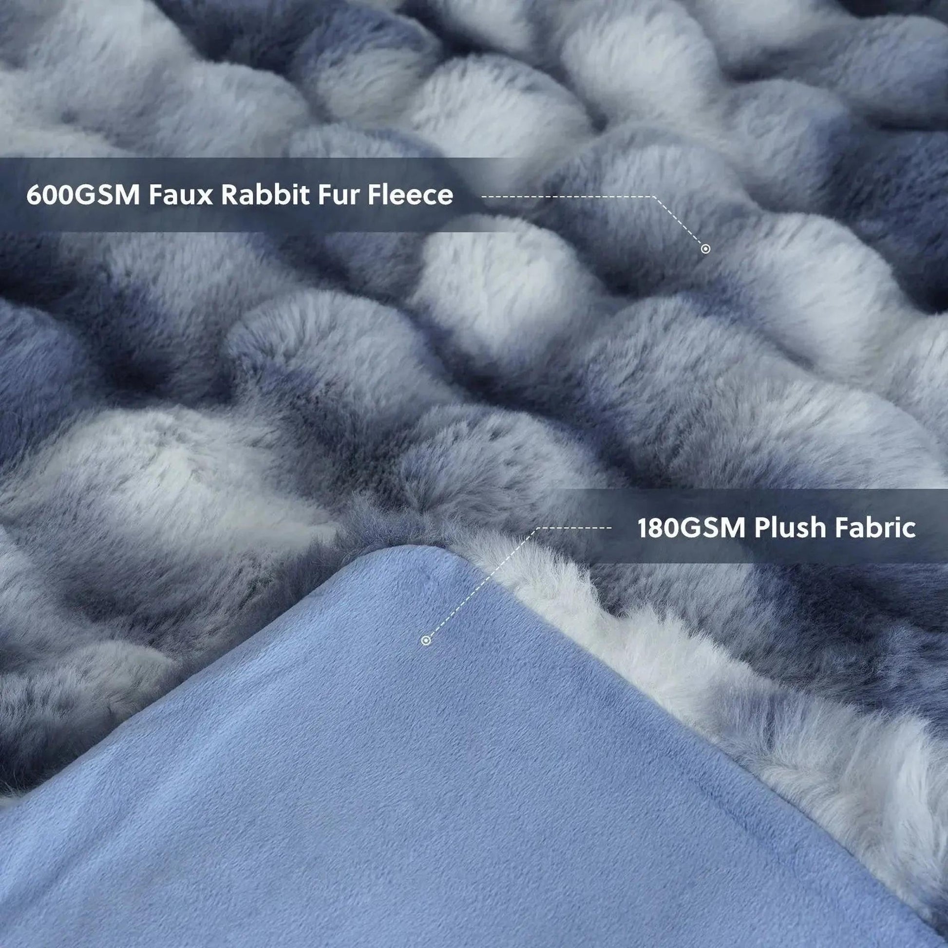 Close-up of a reversible gray and white faux rabbit fur fleece blanket with a soft blue plush fabric underside.