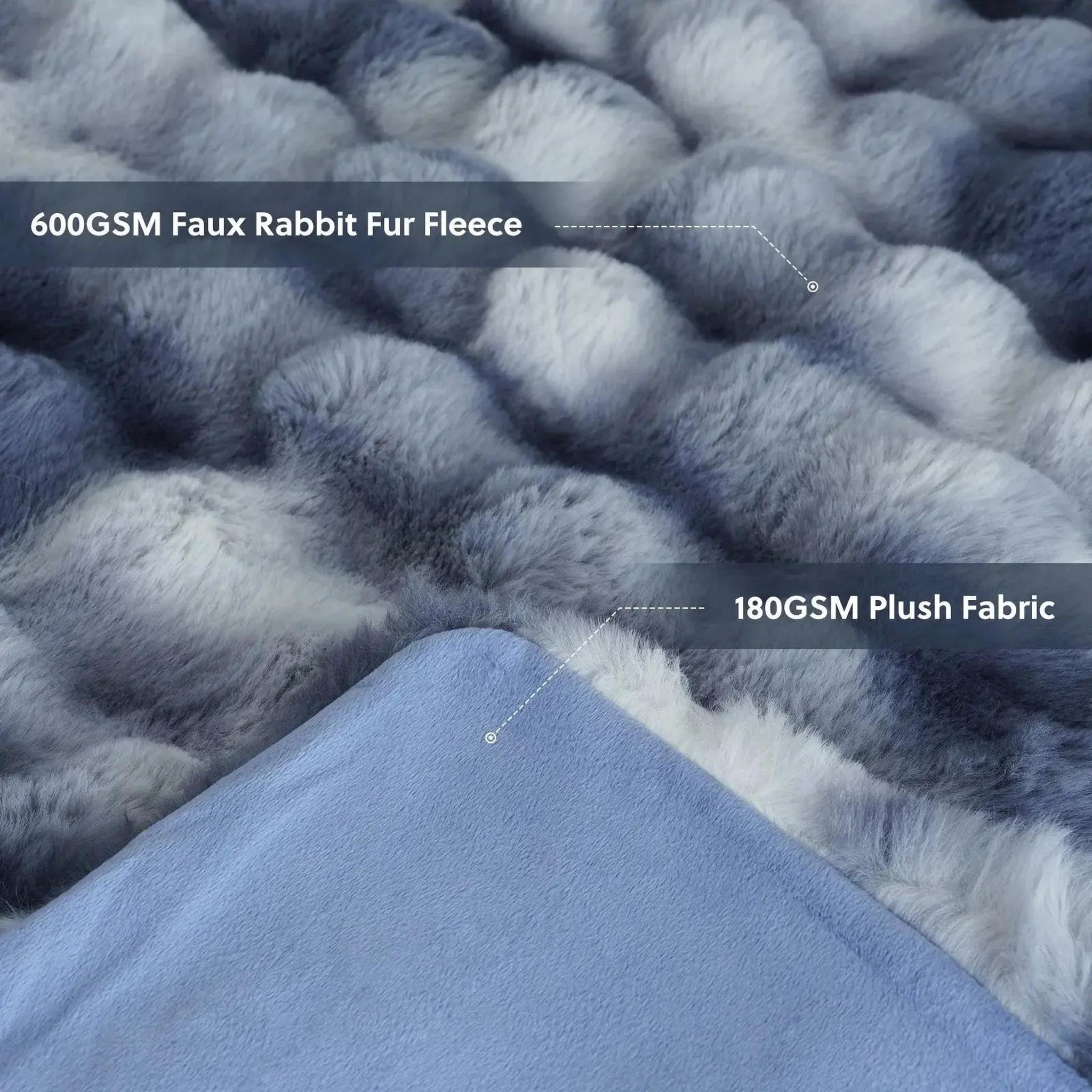 Close-up of a reversible gray and white faux rabbit fur fleece blanket with a soft blue plush fabric underside.